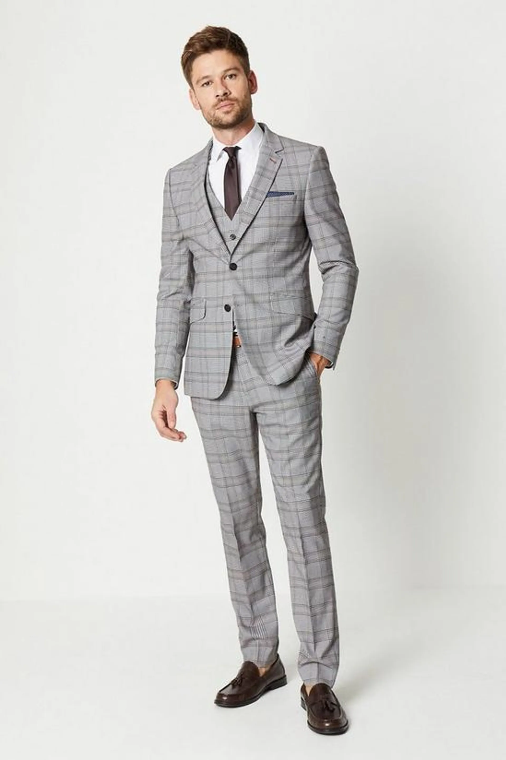 Skinny Fit Brown Retro Check Suit Trouser