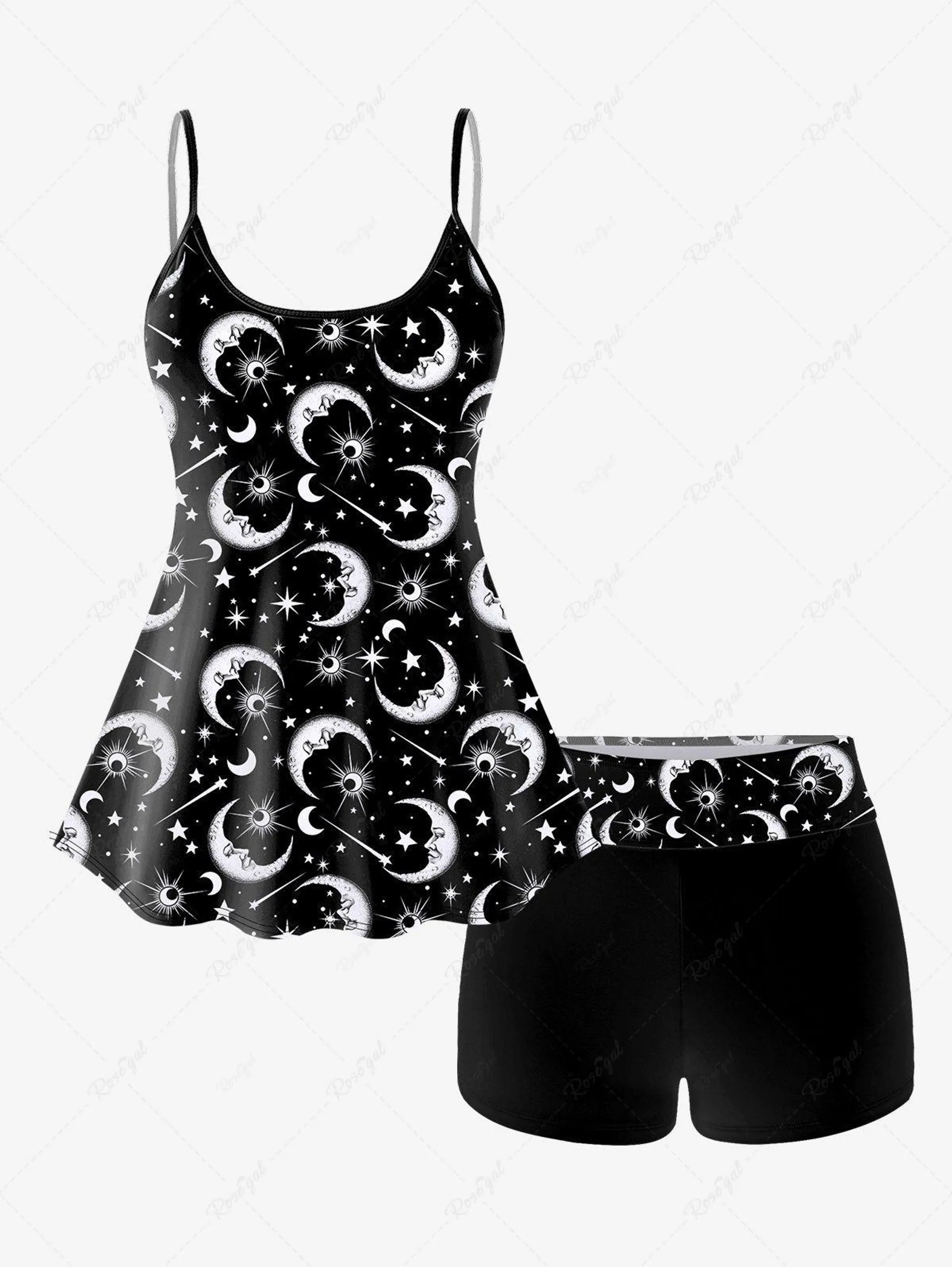 Gothic 3D Moon Star Glitter Print Boyleg Tankini Swimsuit (Adjustable Shoulder Strap) - 4x