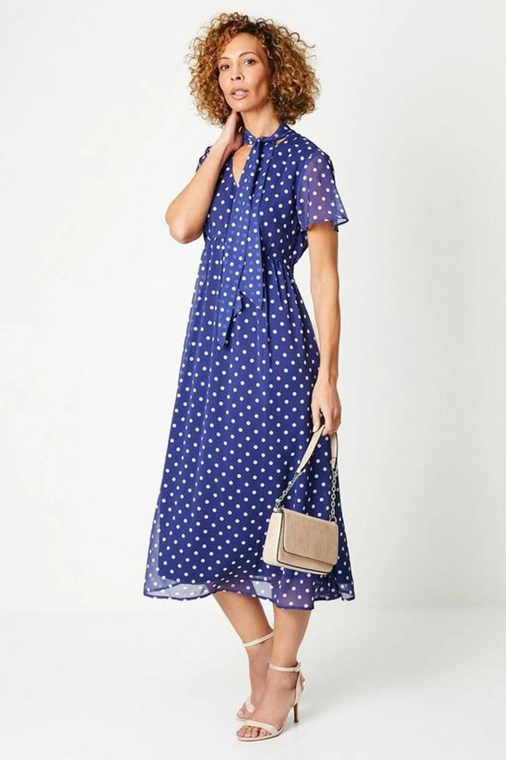 Tall Spot Print Flutter Sleeve Tie Neck Midi Dress