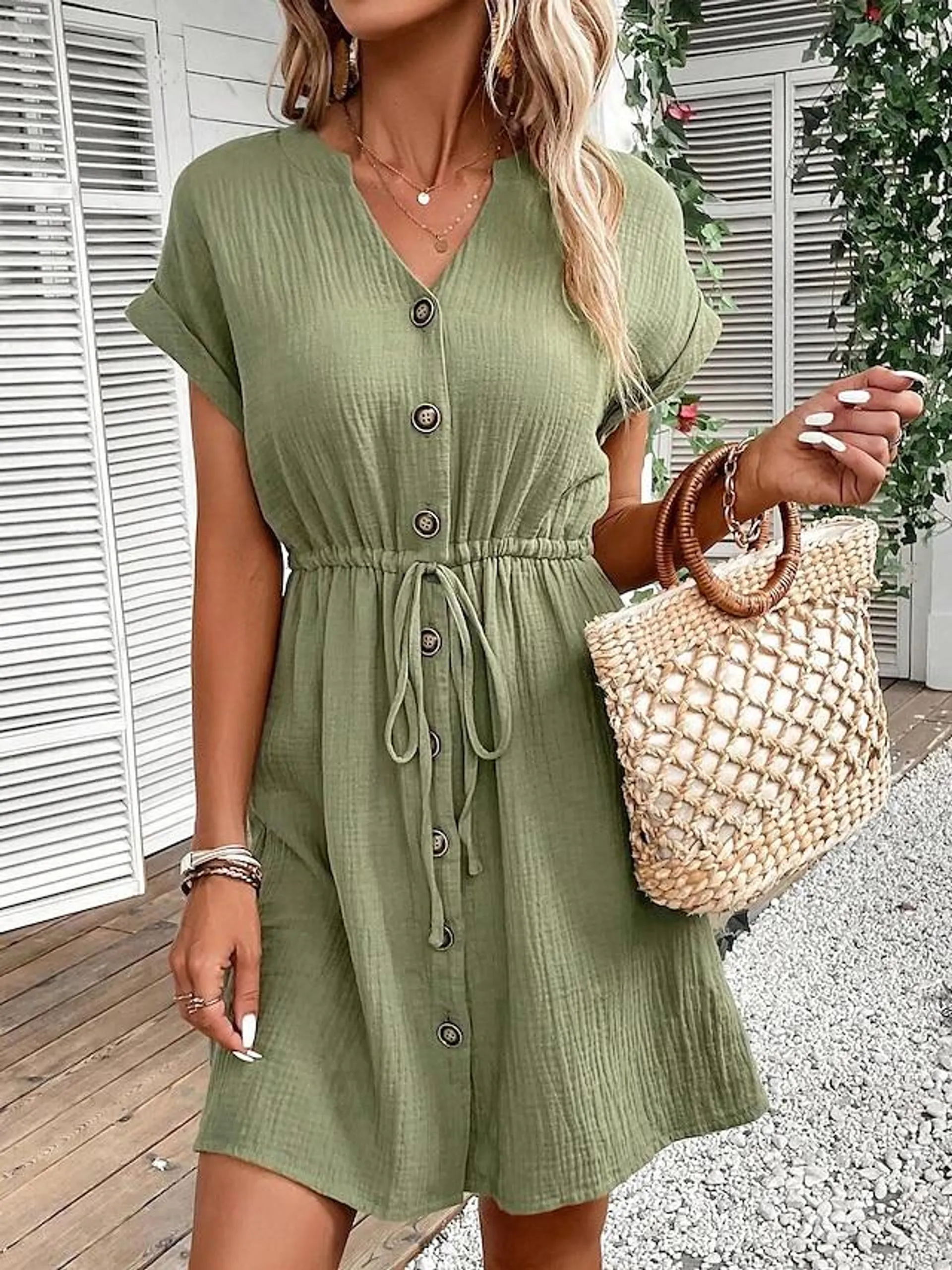 Women's Casual Dress Mini Dress Lace Button Casual V Neck Short Sleeve Green Color
