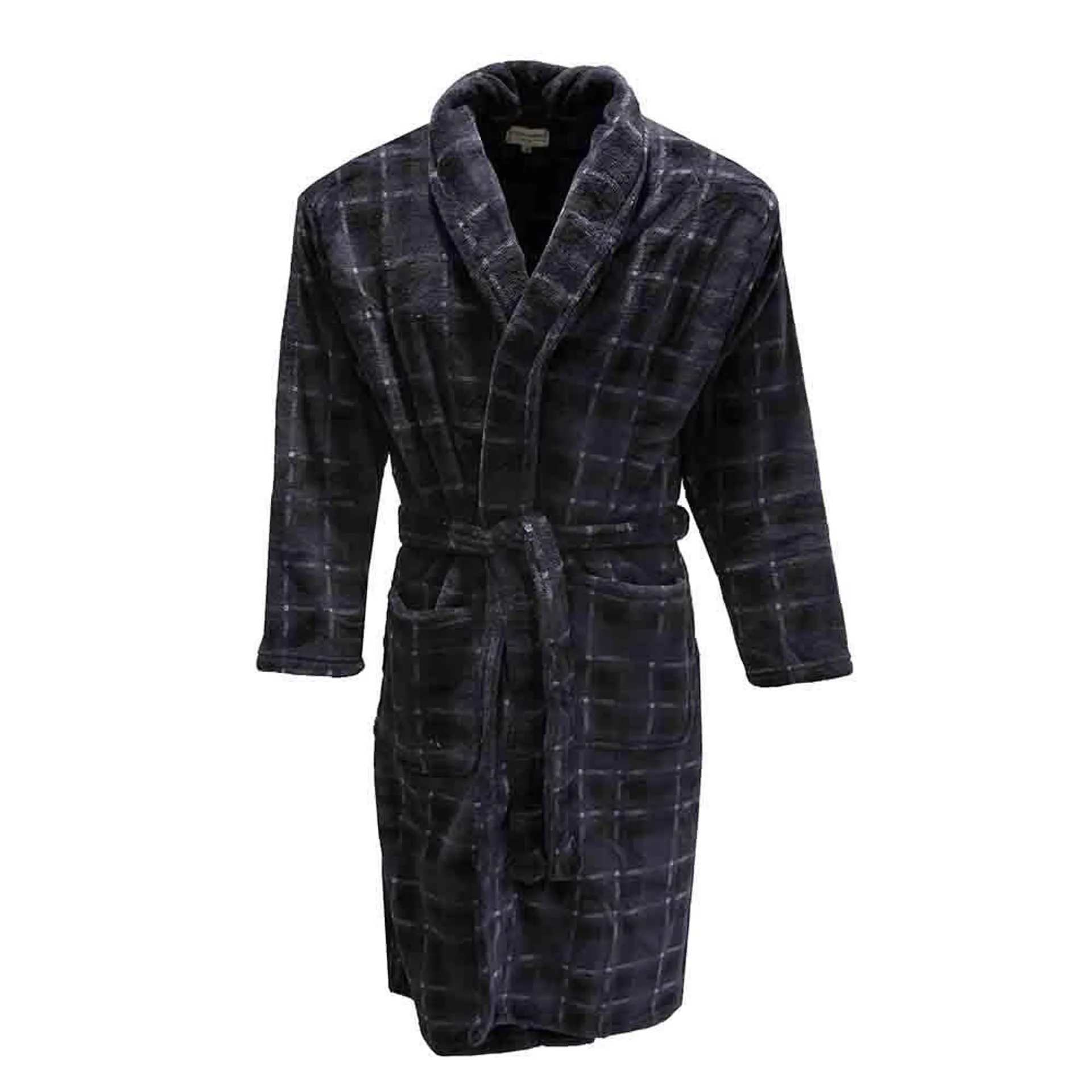 Mens Hutson Harbour Check Fleece Dressing Gown with Belt - Black