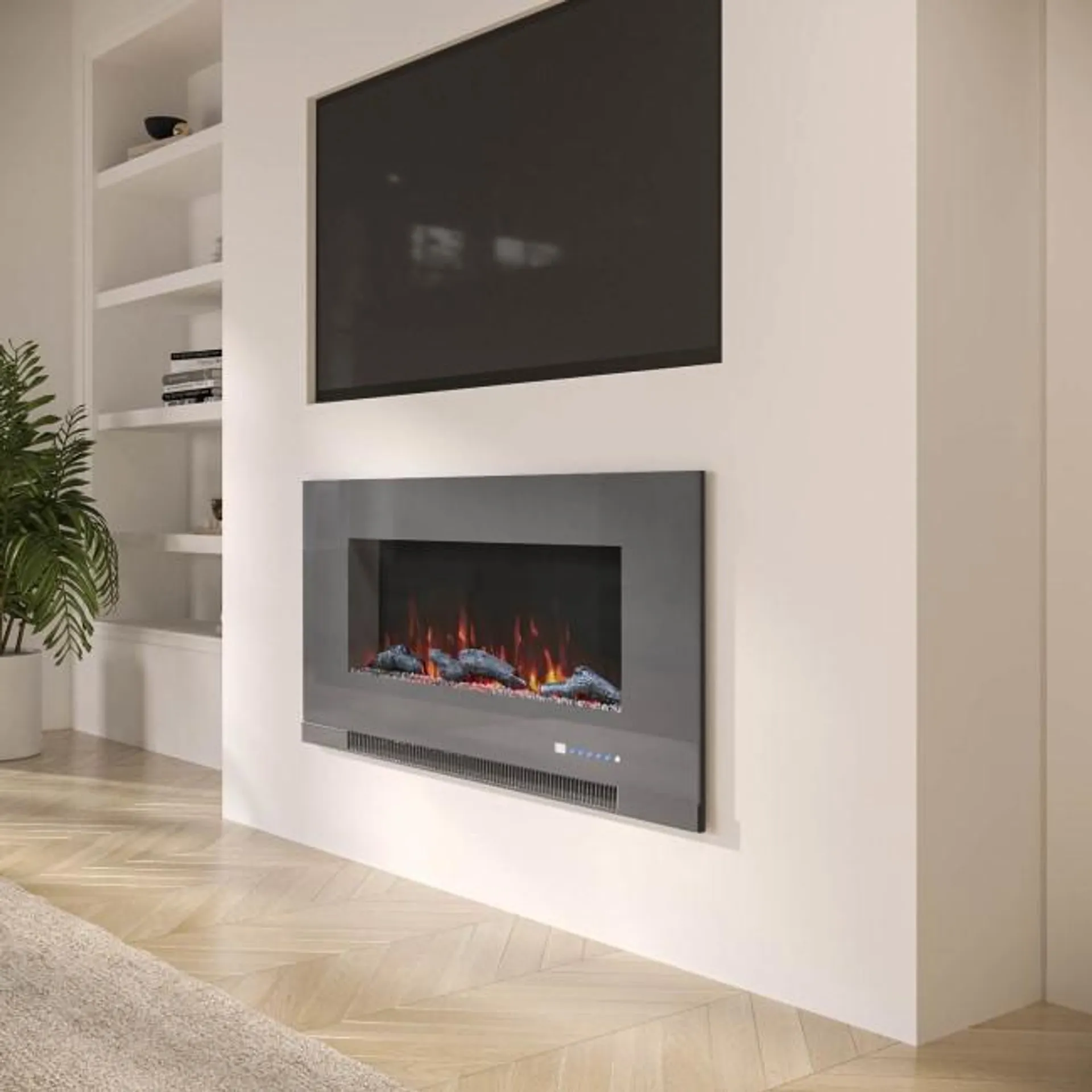 Grey Inset Media Wall Electric Fireplace with Log and Crystal Fuel Bed 42 inch - Amberglo