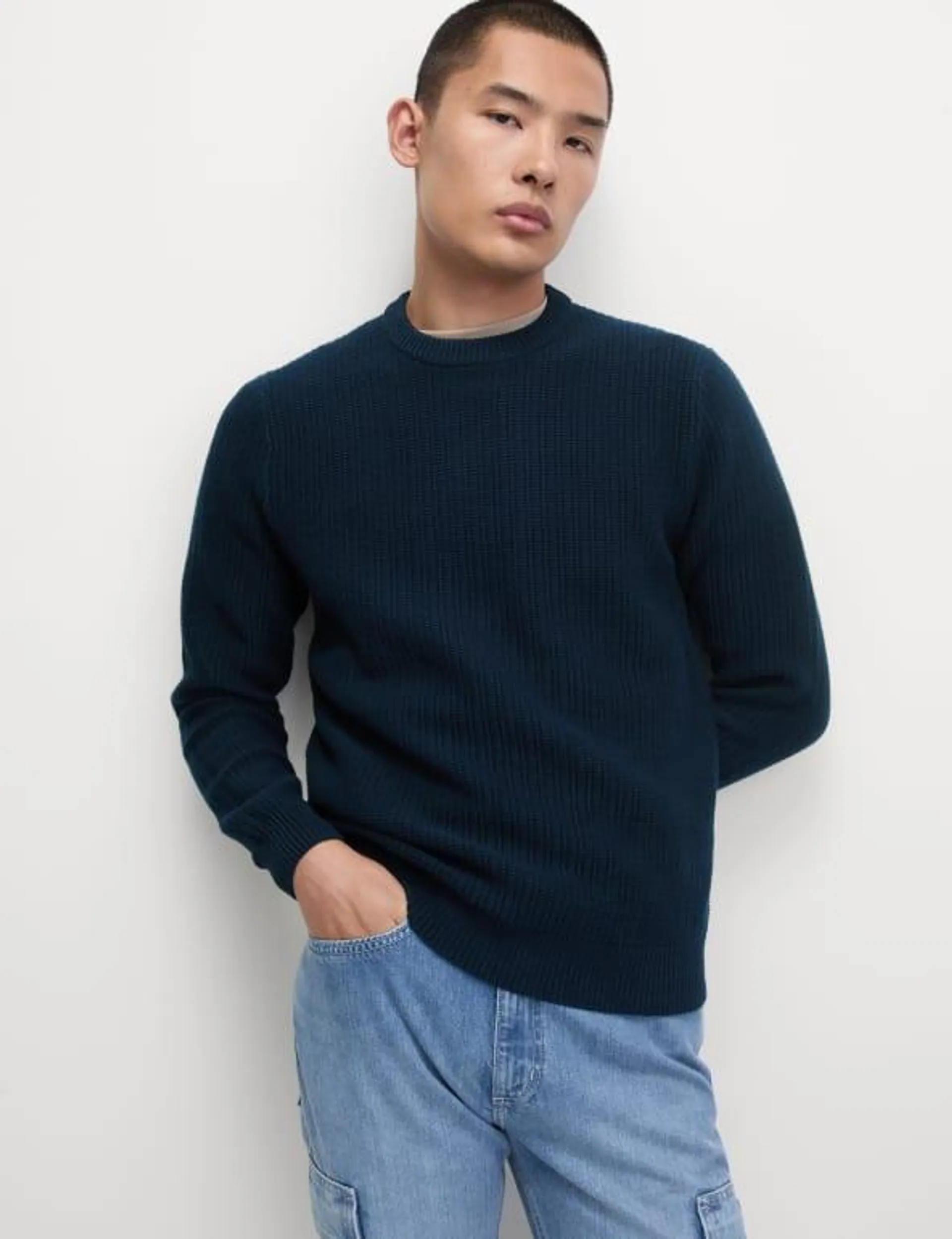 Lambswool Blend Textured Crew Neck Jumper