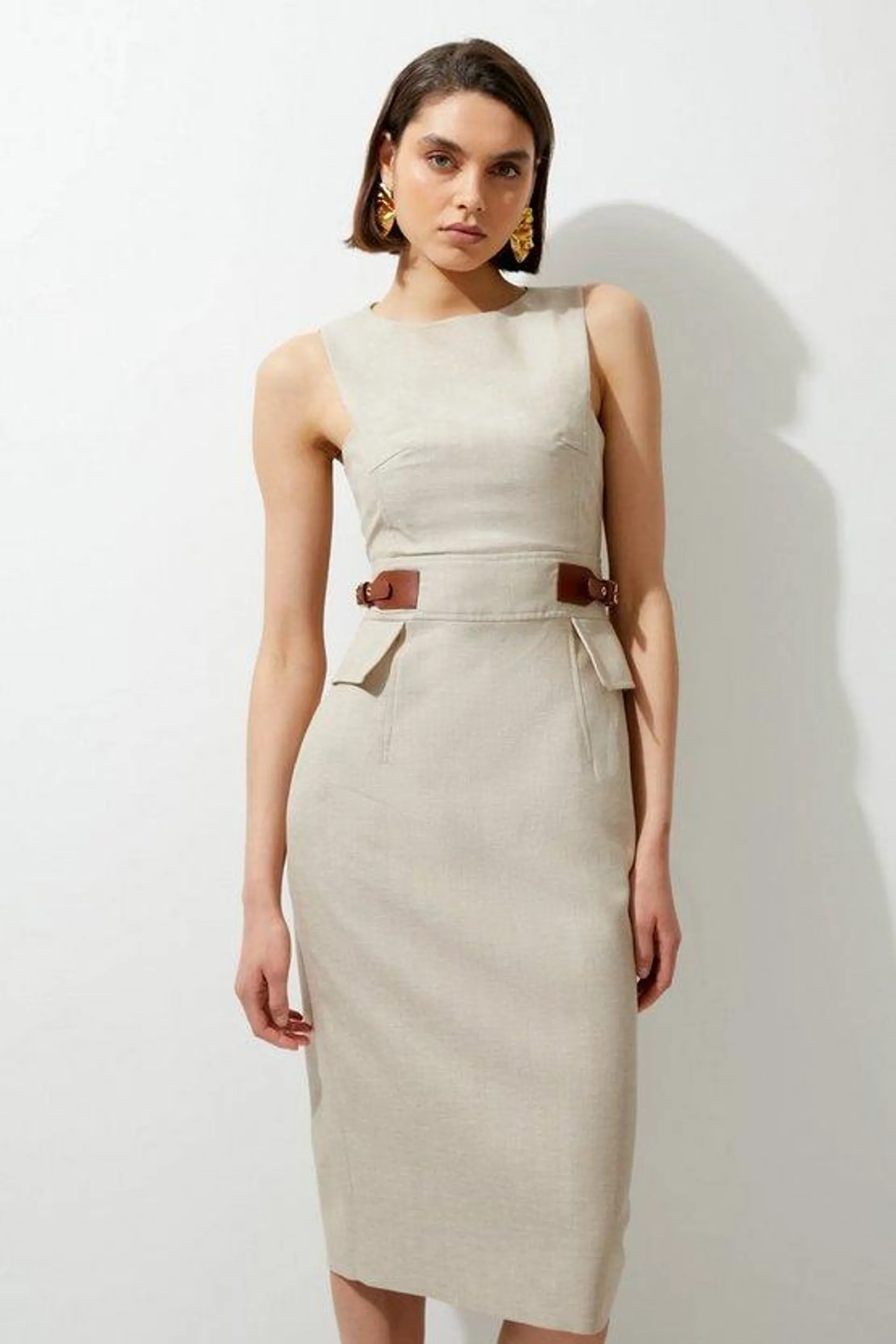 Premium Linen Tab Waist Detail Tailored Midi Dress