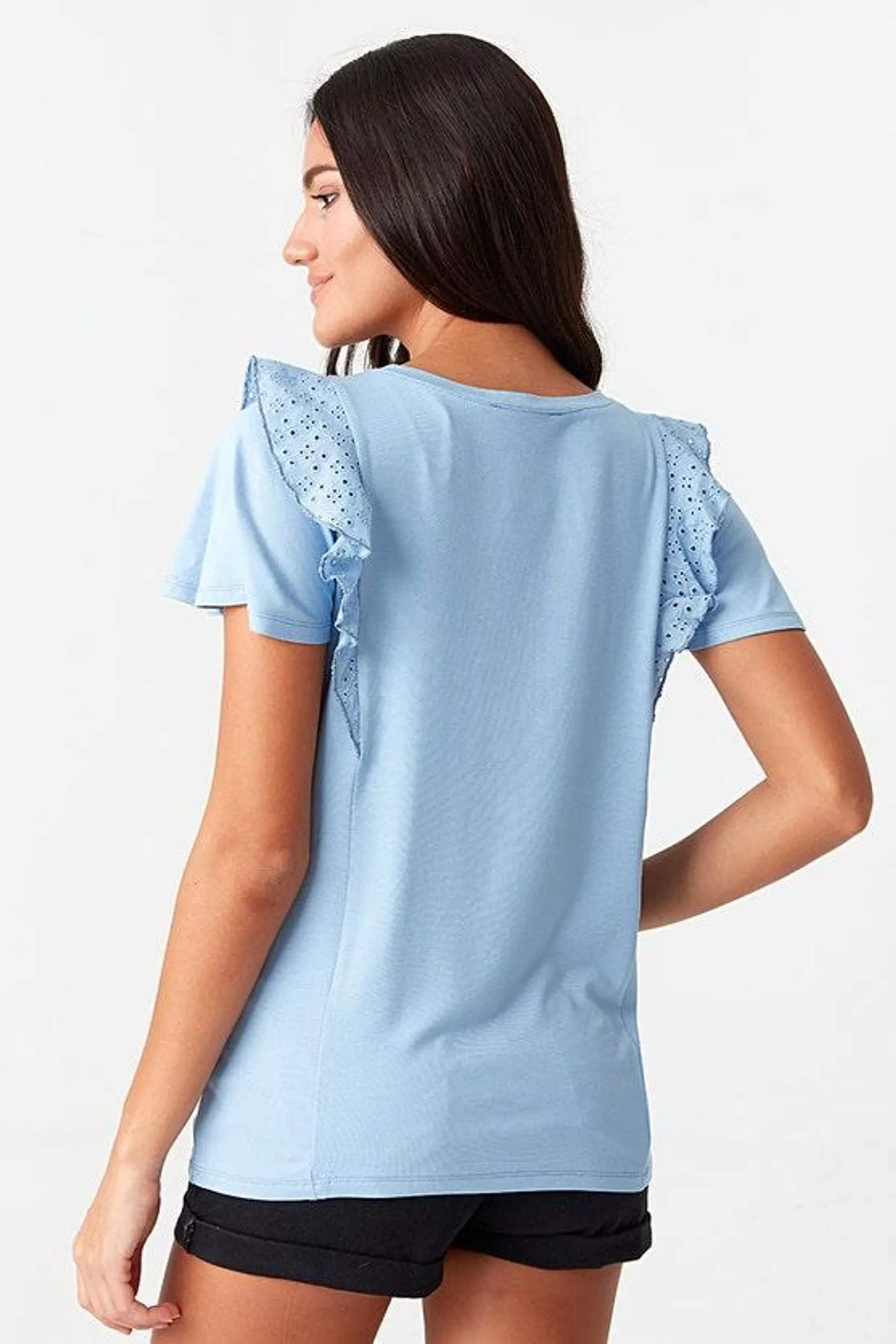 Baby Blue Broiderie Frıll Sleeve Tee