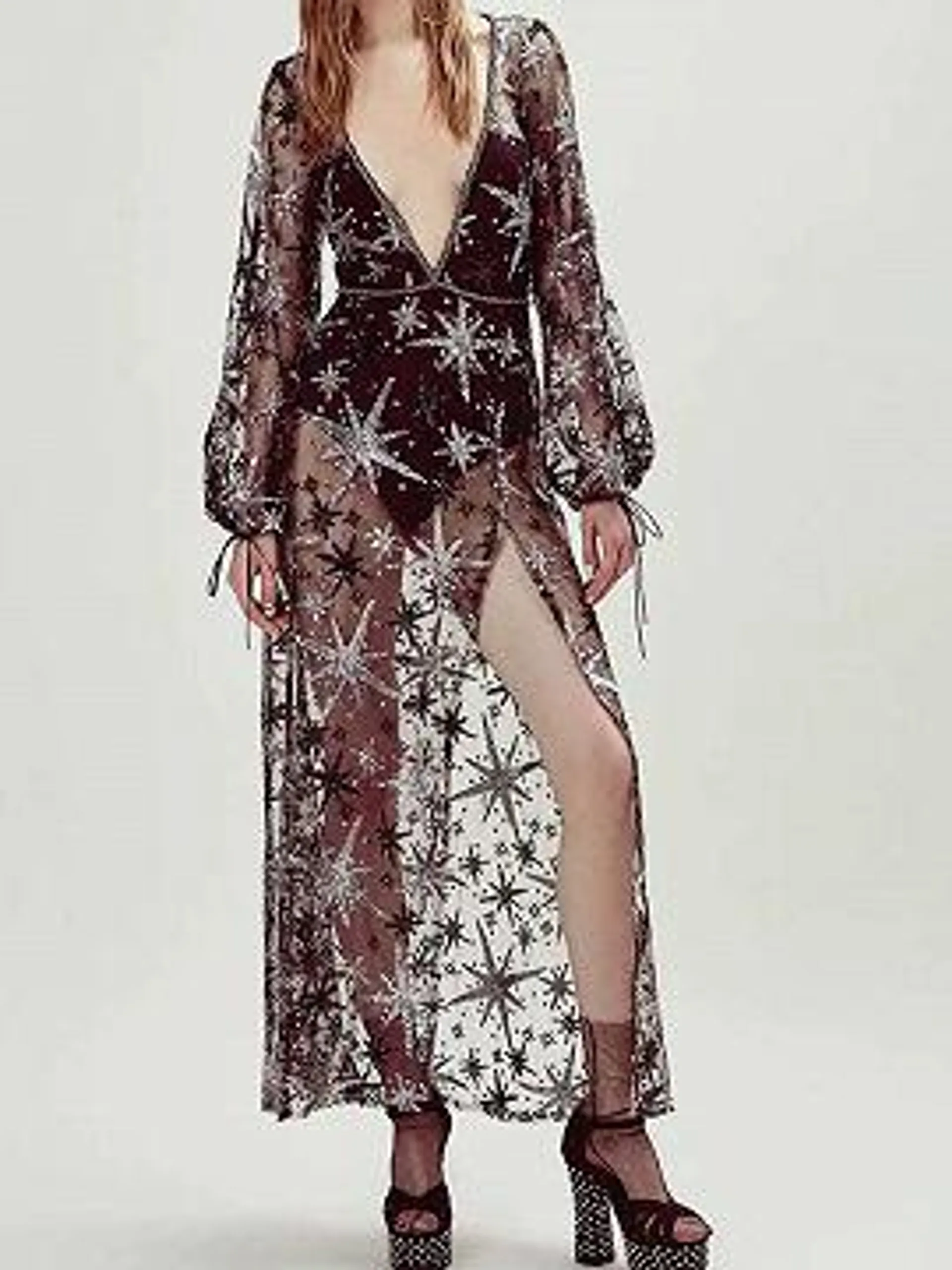 Black Plunge Star Embroidery Puff Sleeve Maxi Dress