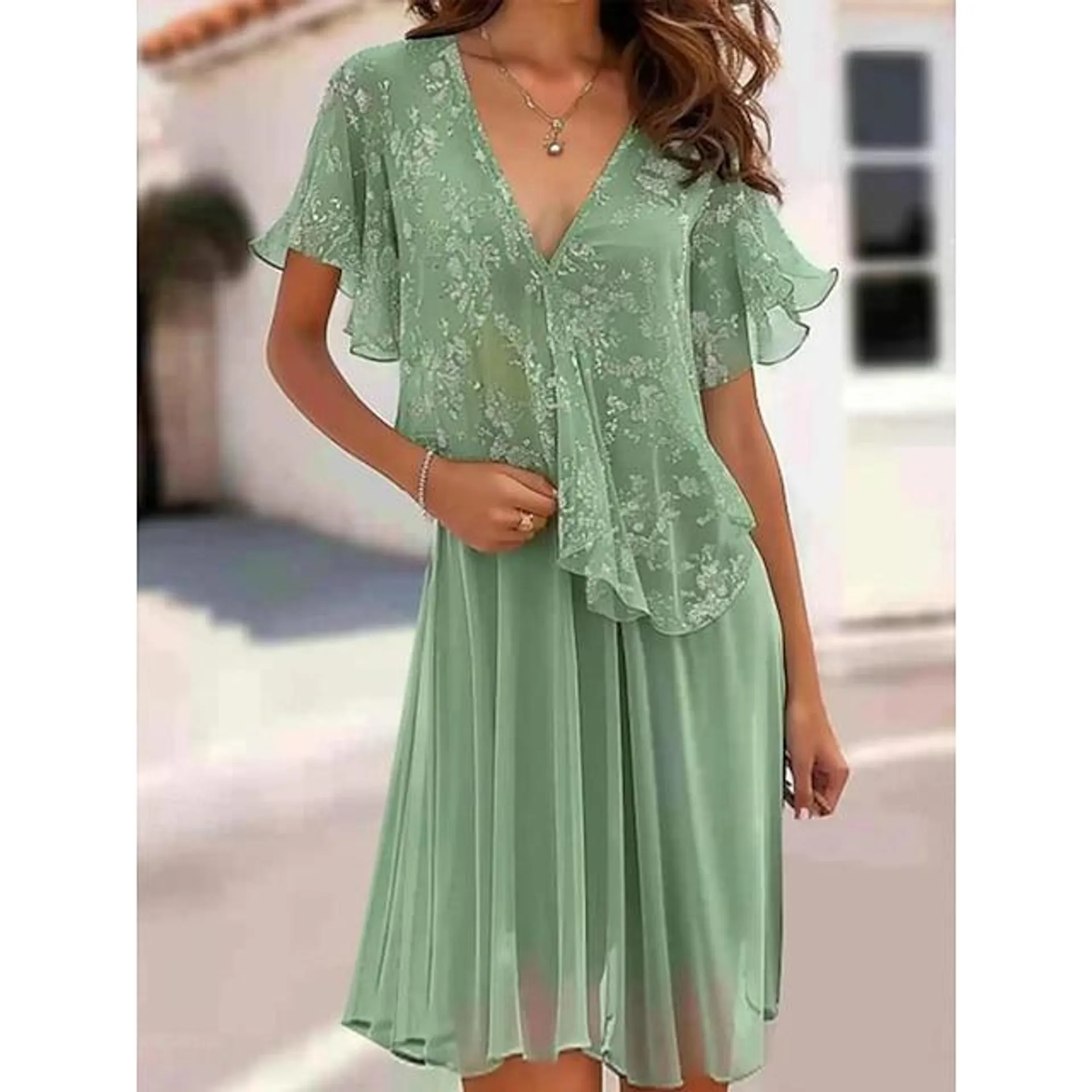 Dames Chiffon Chiffon jurk Grafisch Assymmetrisch V-hals Ruche mouw Mini-jurk Elegant Dagelijks Zomer