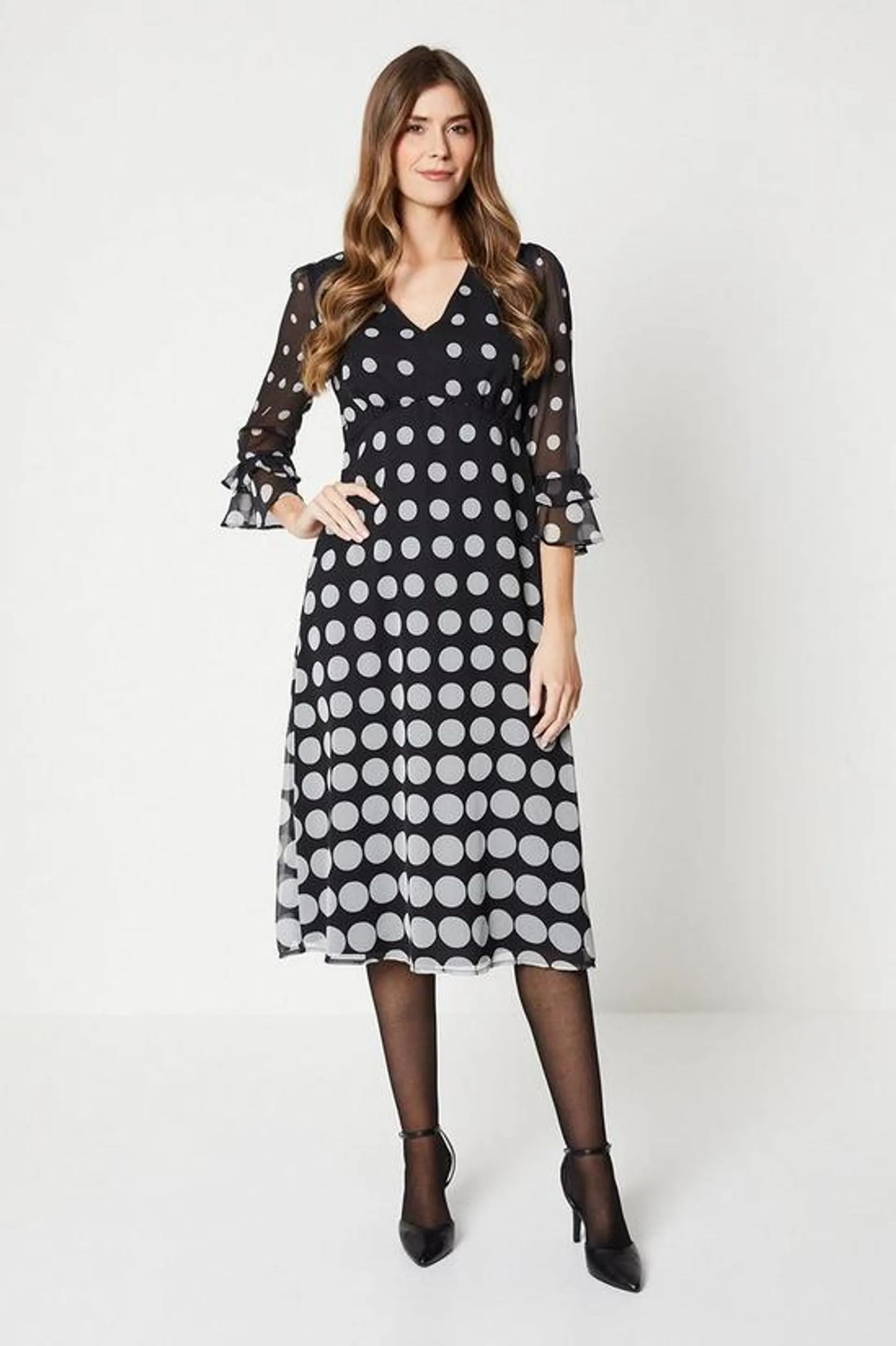 Spot Print Flute Sleeve Chiffon Midi Dress