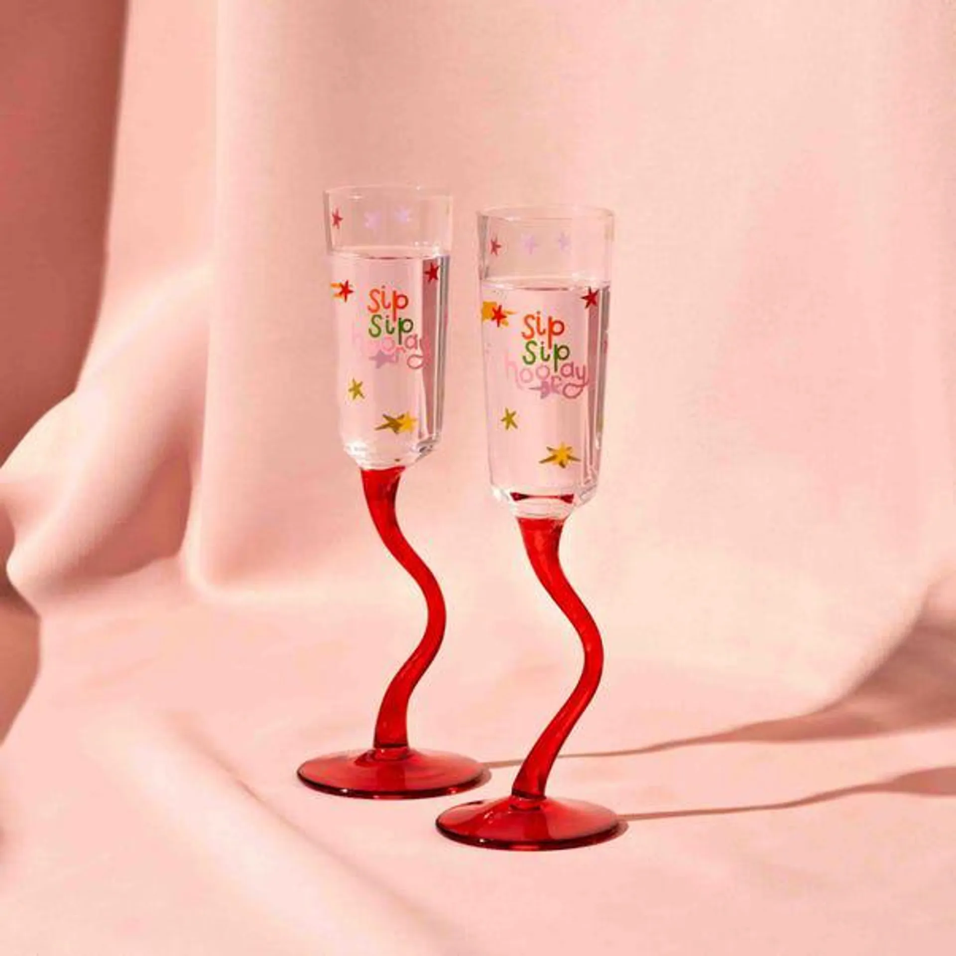 Raspberry Blossom Set of 2 Wavy Stem Flute Glasses