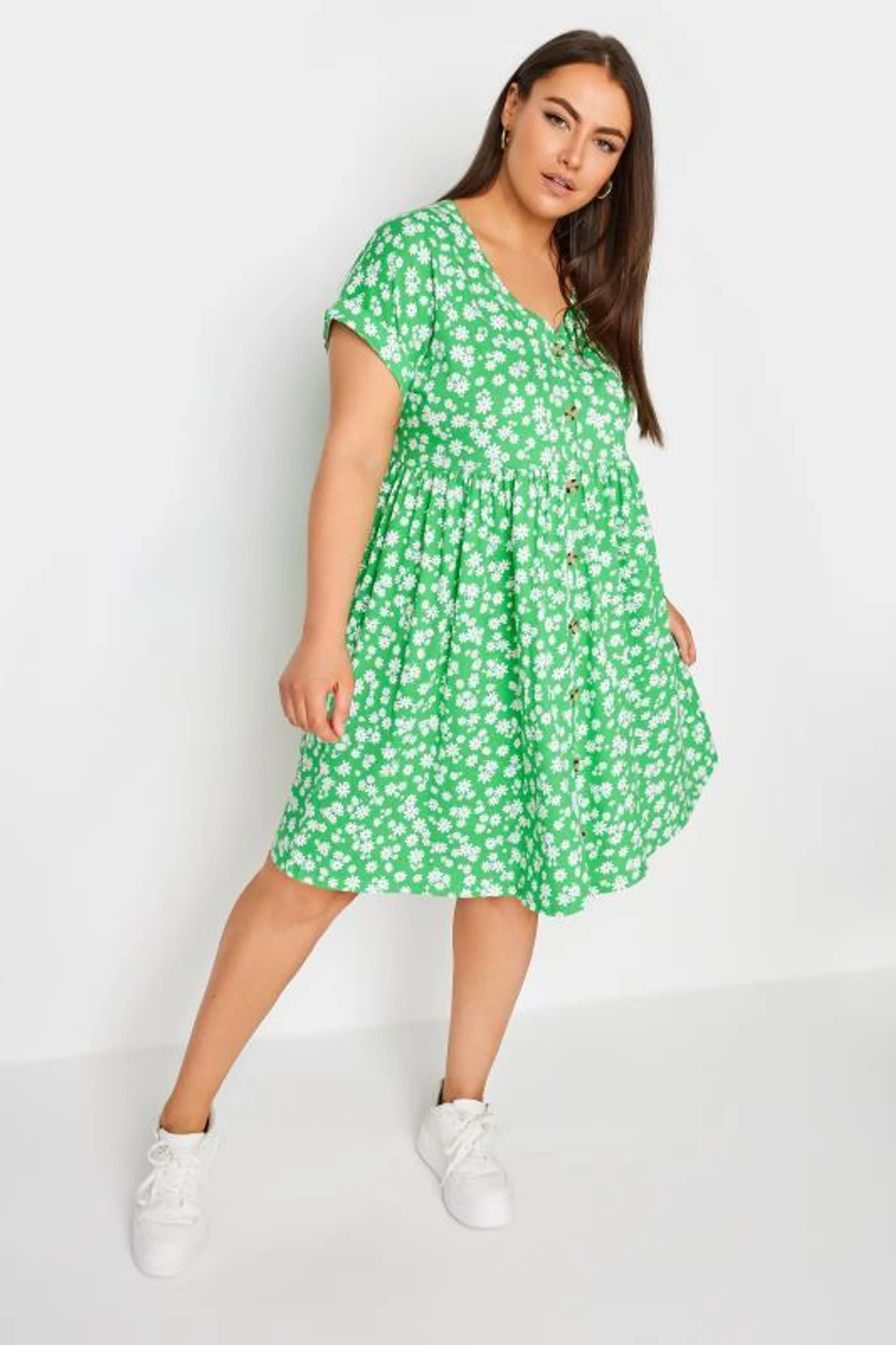 YOURS Curve Green Ditsy Floral Print Button Front Smock Dress