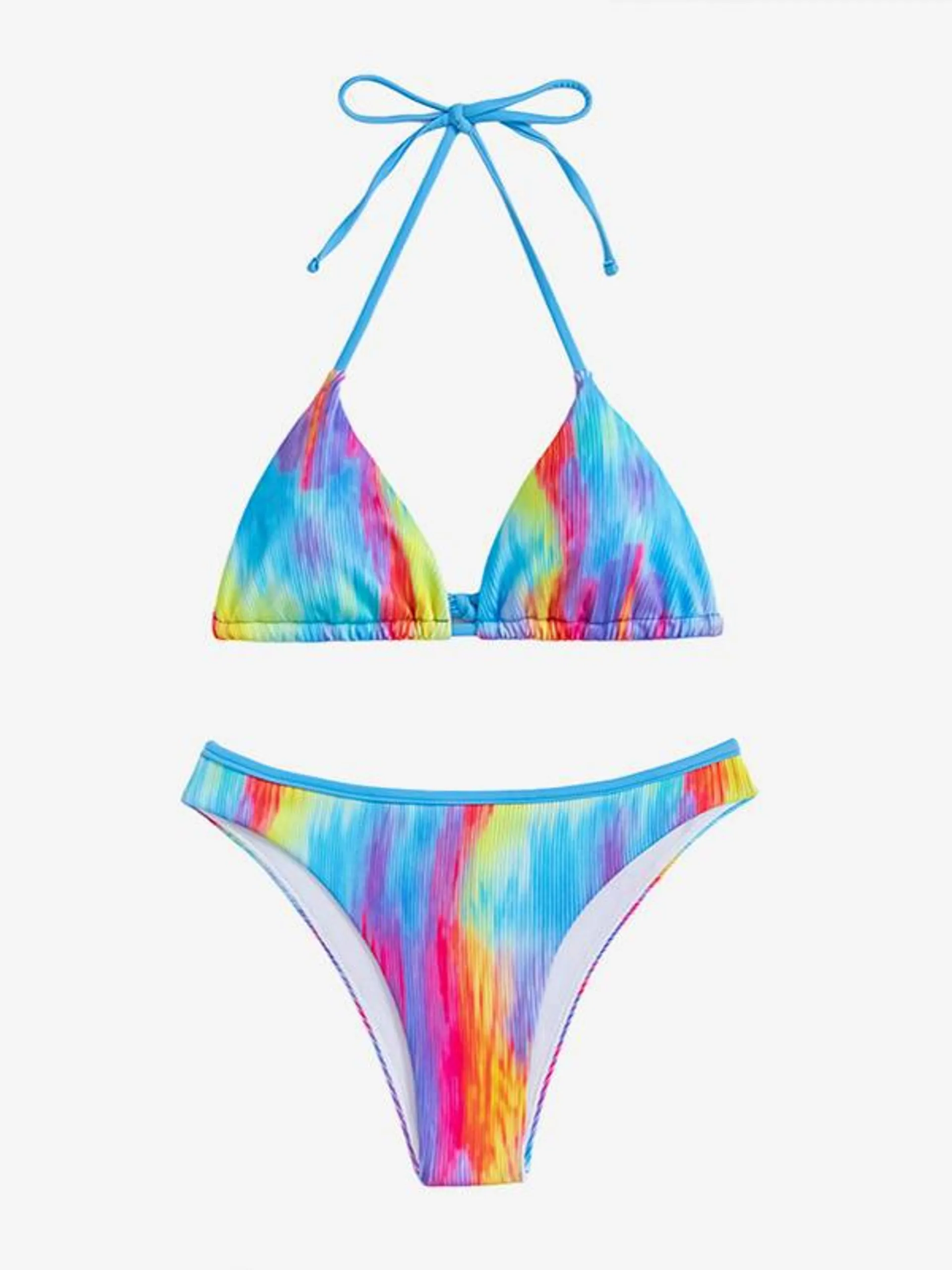 Colorful Halter Triangle Bikini Top And High Cut Bottom 2 Pieces Set