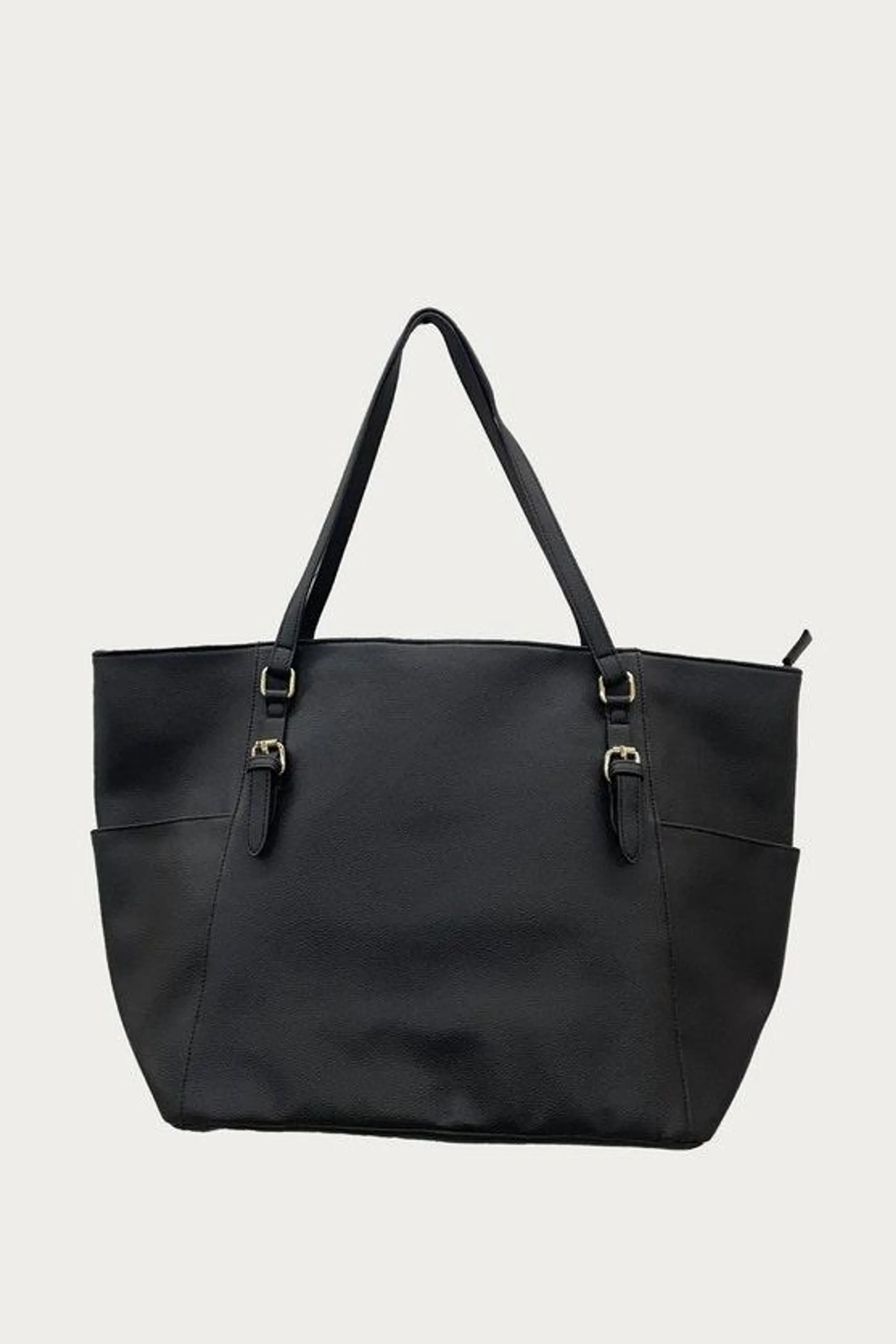 Black Buckle Trim Side Pocket Shopper Bag