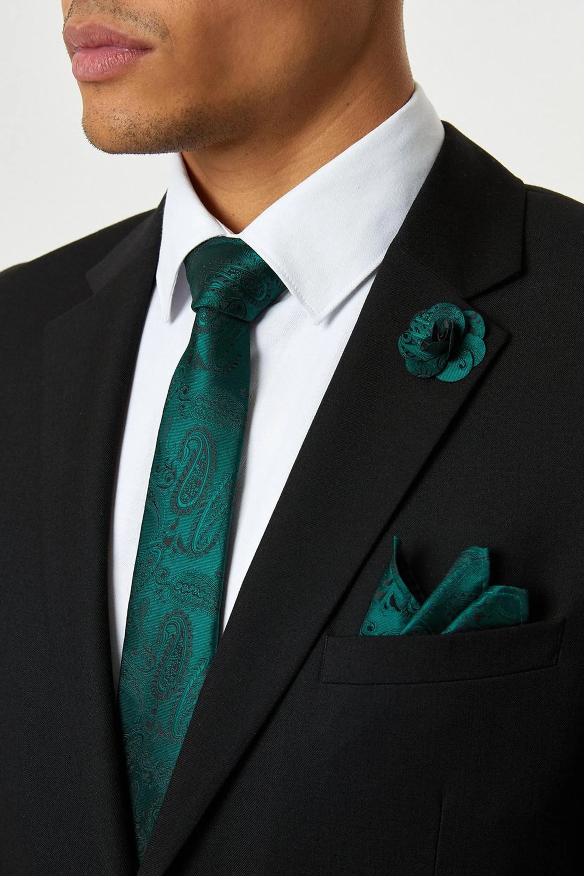 Forest Green Wedding Paisley Tie Set With Lapel Pin
