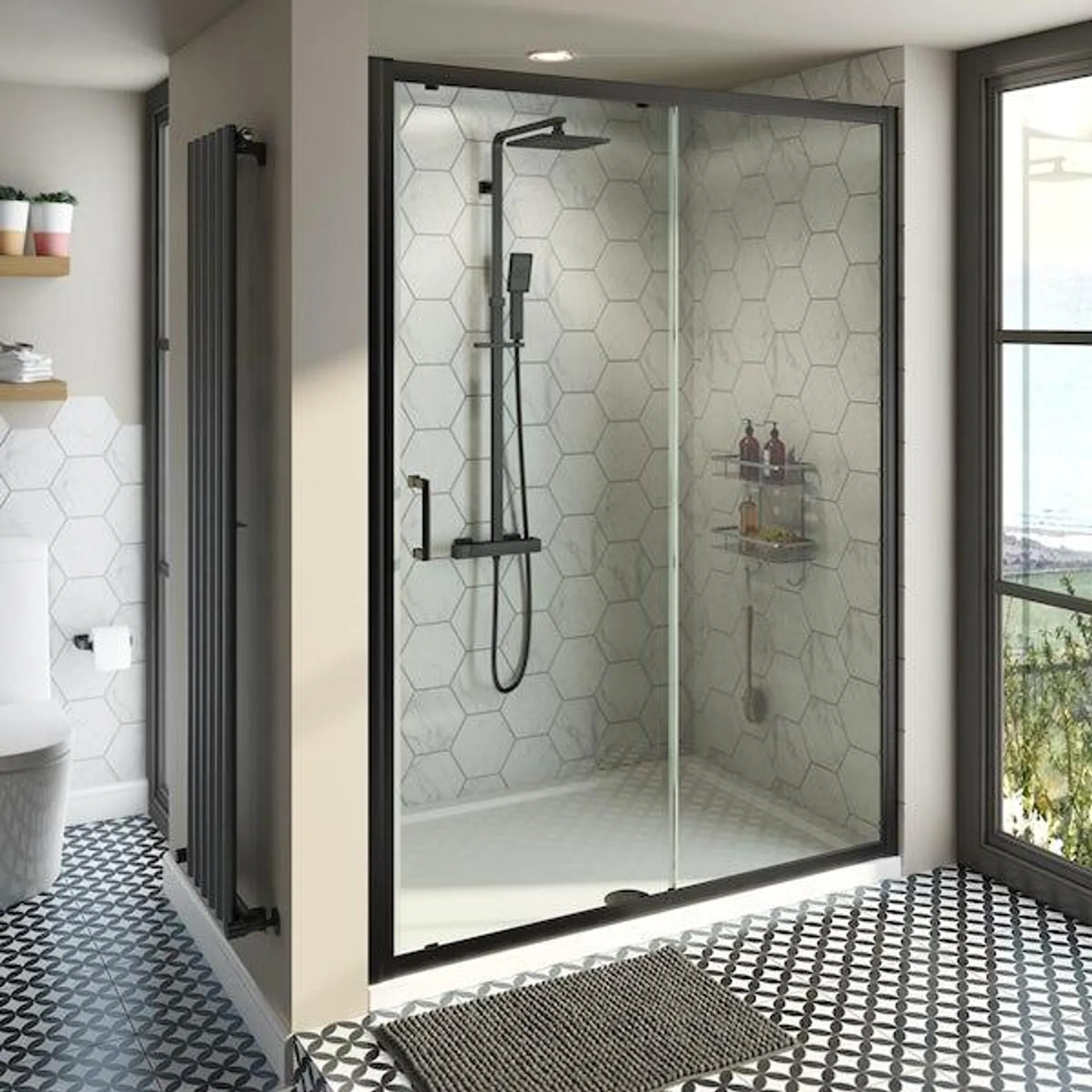 Mode Tate black 6mm sliding shower door with stone shower tray
