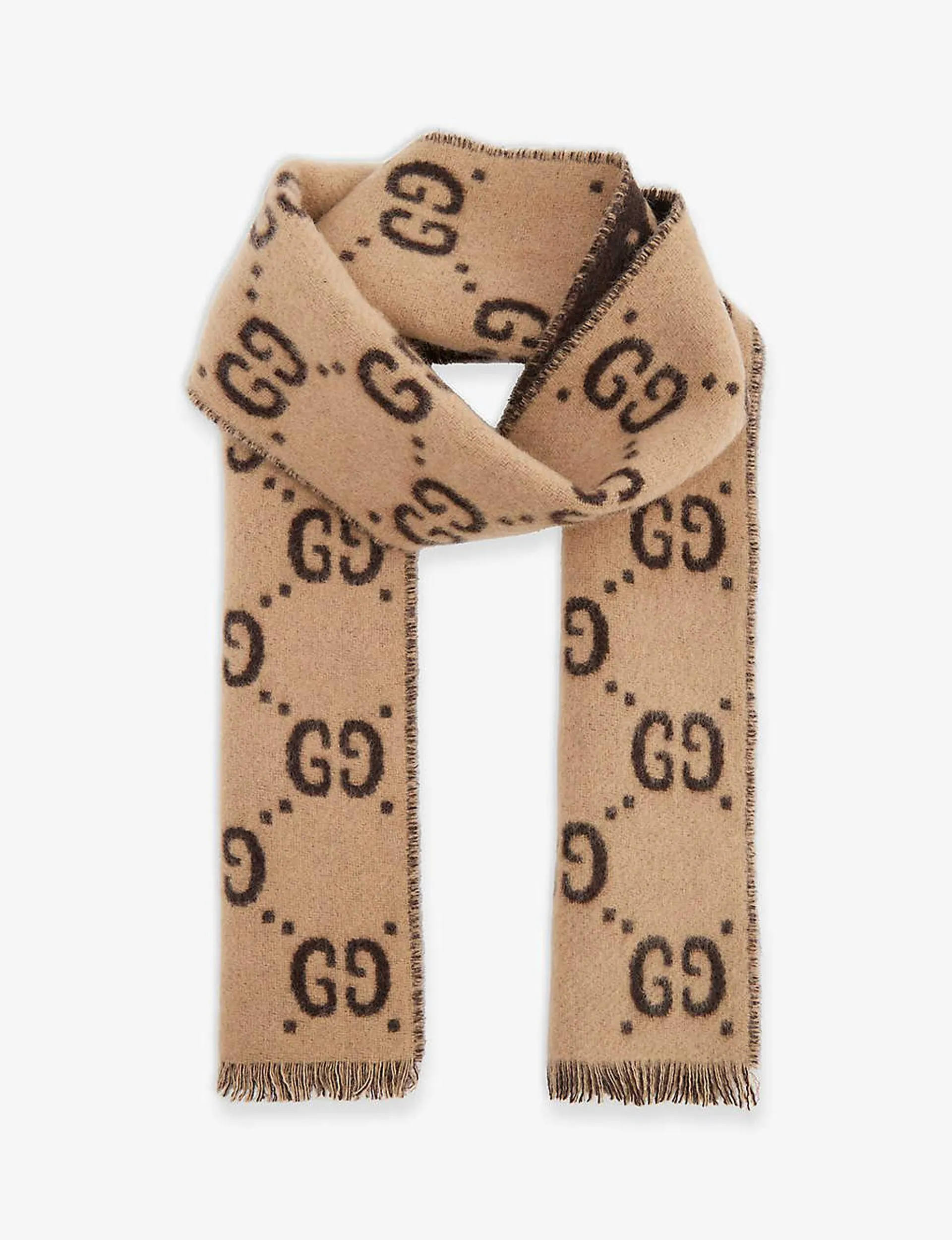 GUCCI Freeda brand-monogram frayed-trim wool knitted scarf