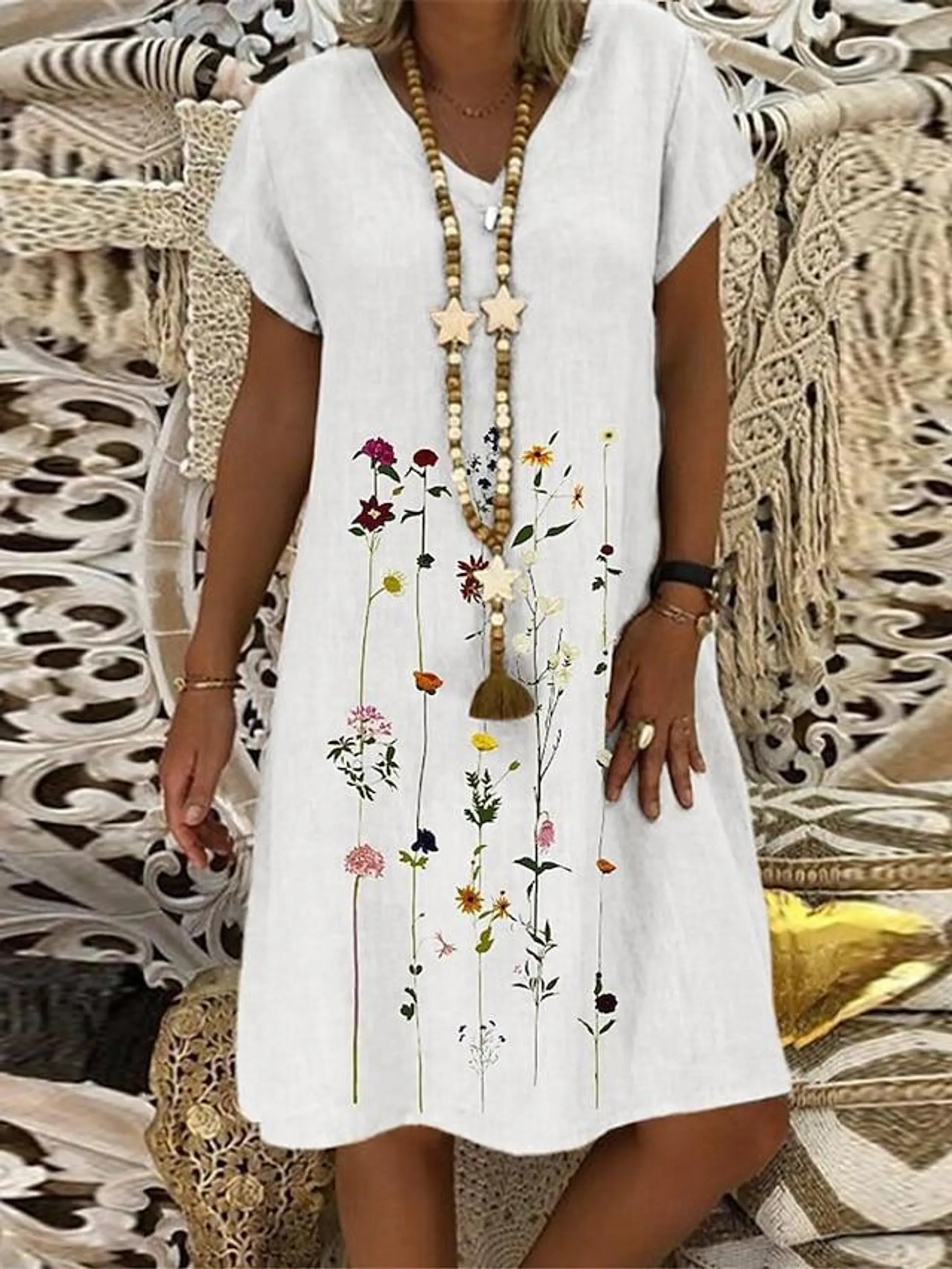 Women's White Dress Cotton Linen Dress Midi Dress Embroidered Daily V Neck Short Sleeve Summer Spring White Blue Floral