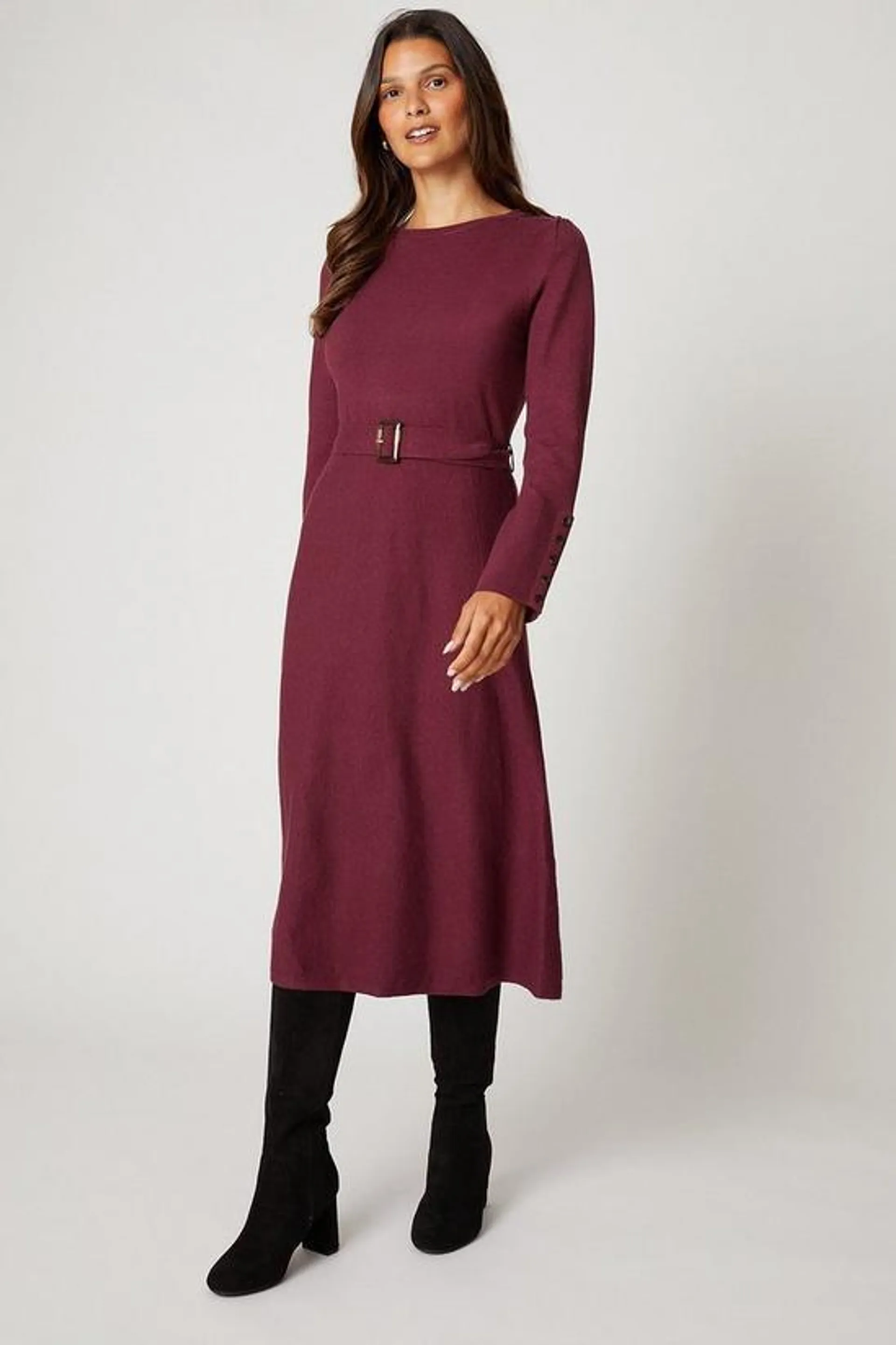 Slash Neck Button Detail Belted Knitted Dress