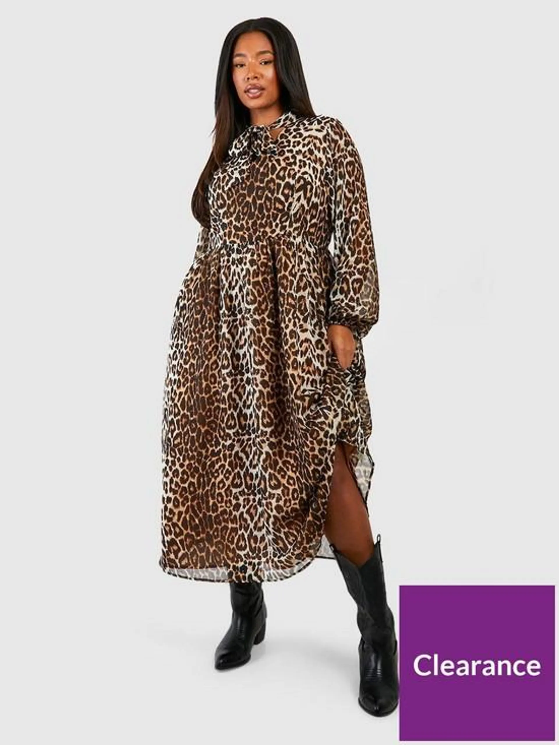 Leopard Pussybow Midaxi Dress - Brown