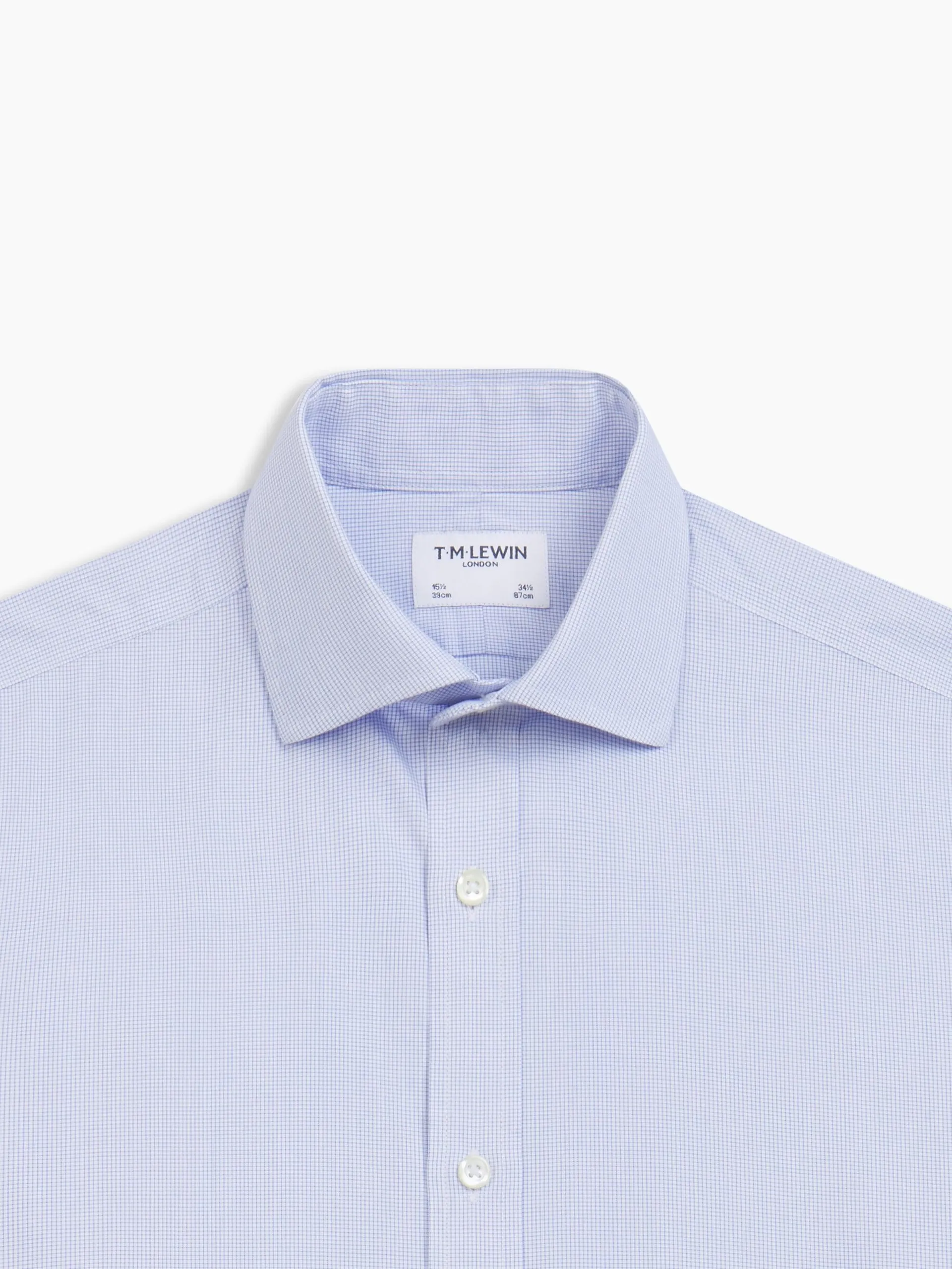 Non-Iron Blue Micro Grid Check Plain Weave Fitted Single Cuff Semi-Cutaway Collar Shirt