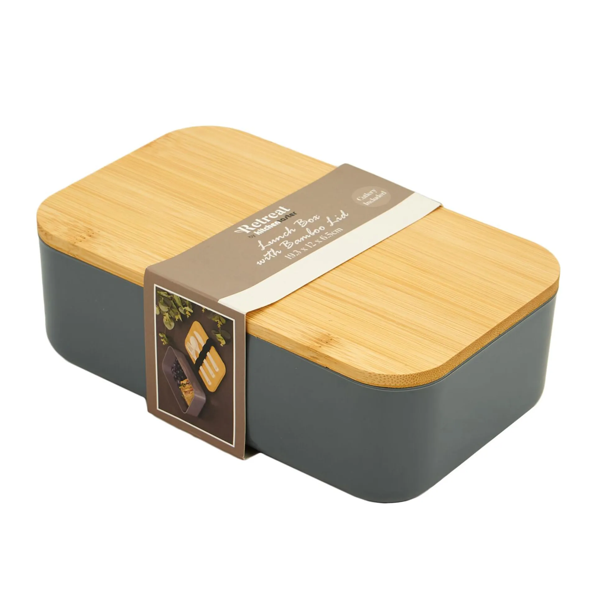 Lunch Box with Bamboo Lid and Cutlery - Grey