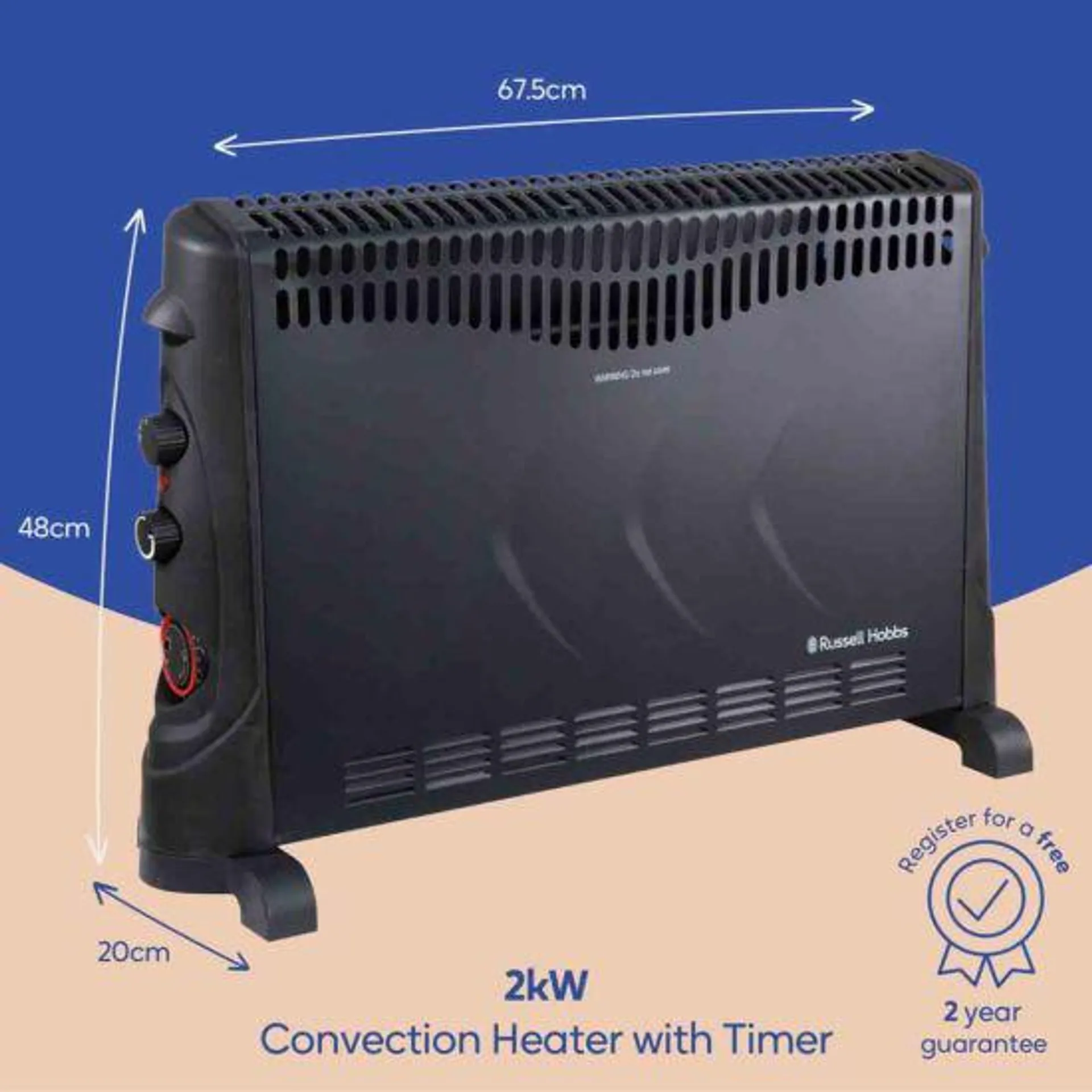 Russell Hobbs RHCVH4002B Black 2kW Convection Heater With Timer