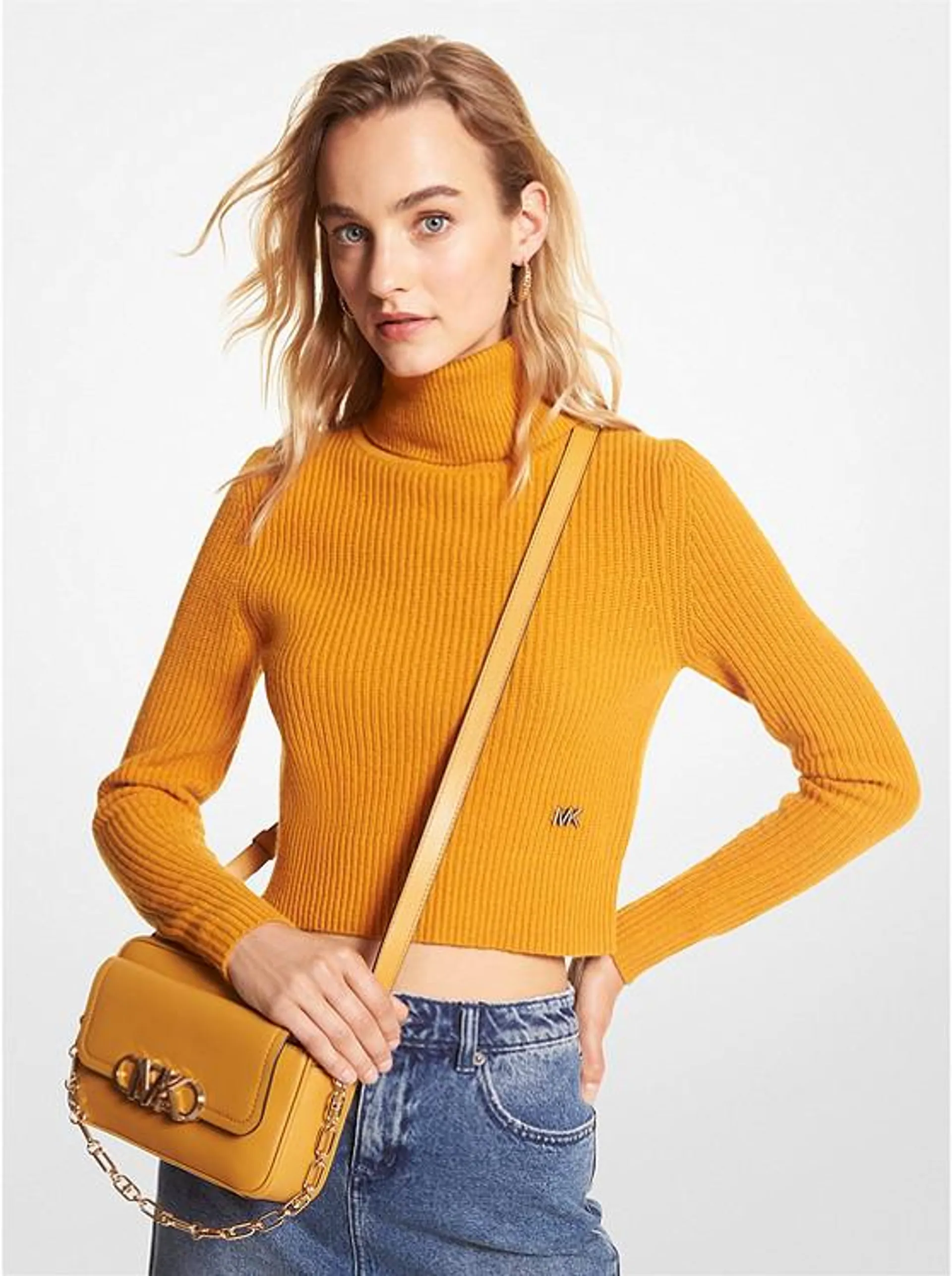 Stretch Wool Cropped Turtleneck Sweater