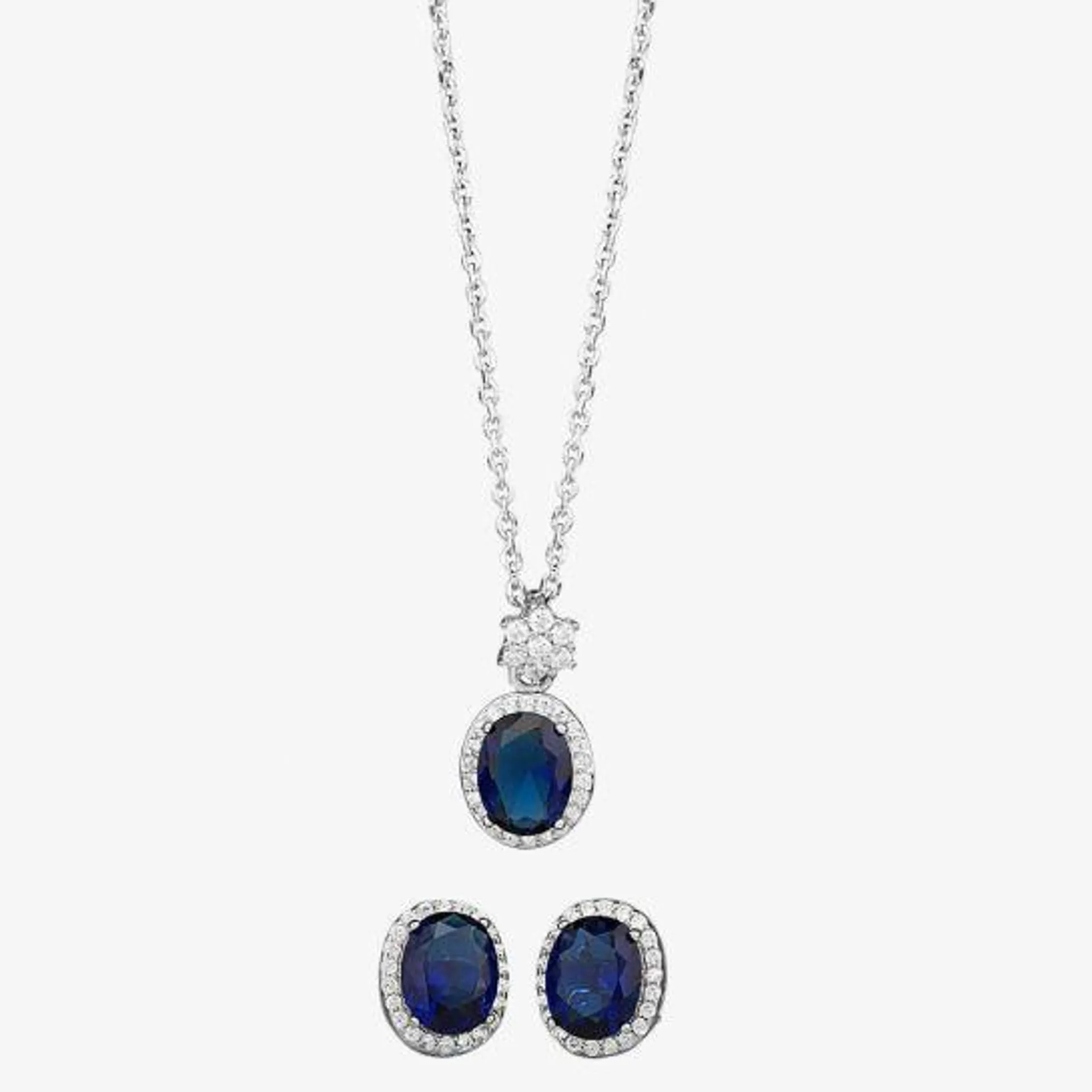 Silver Blue Cubic Zirconia Oval Pendant and Earrings
