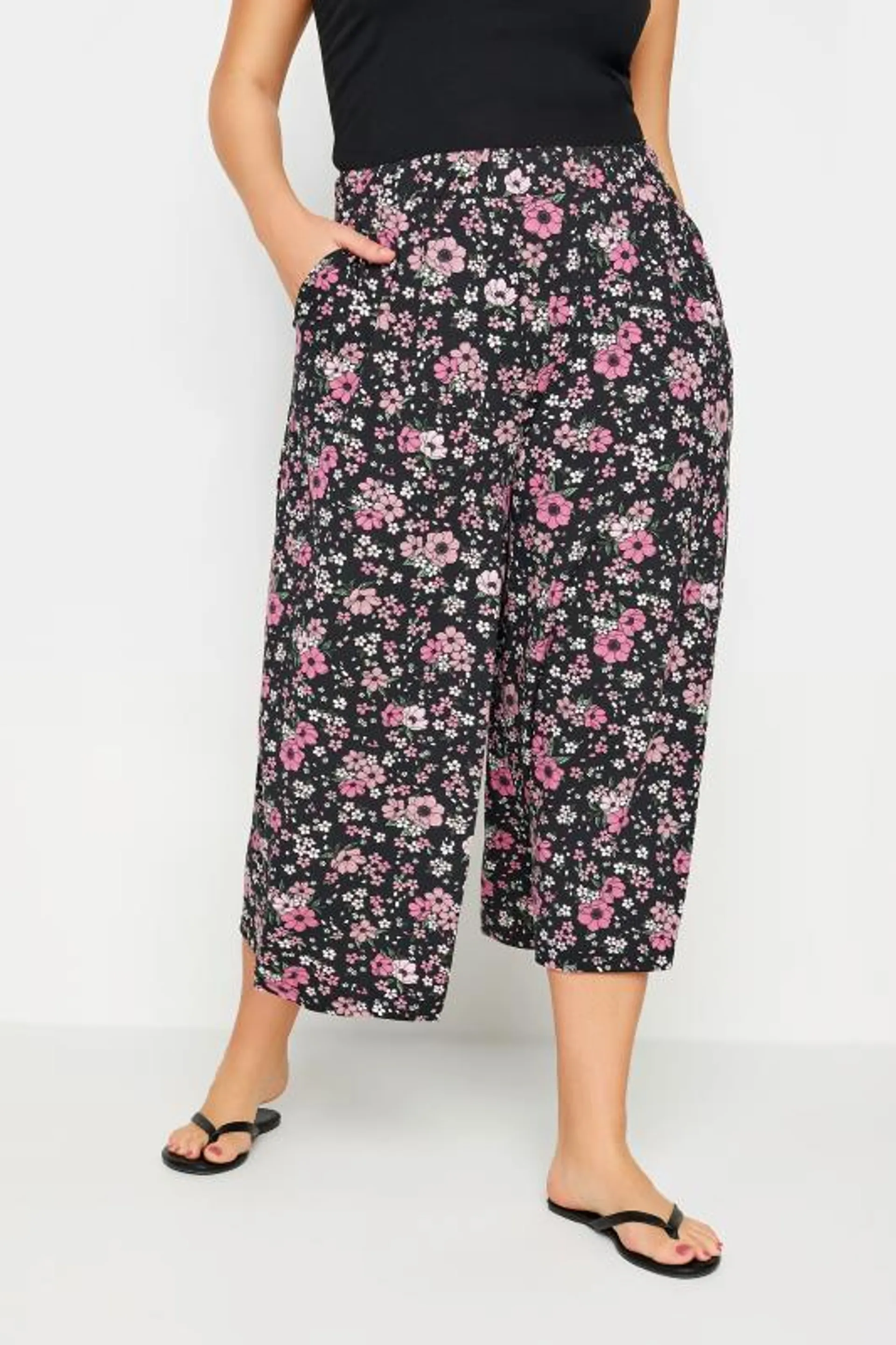 YOURS Curve Black Floral Print Midaxi Culottes