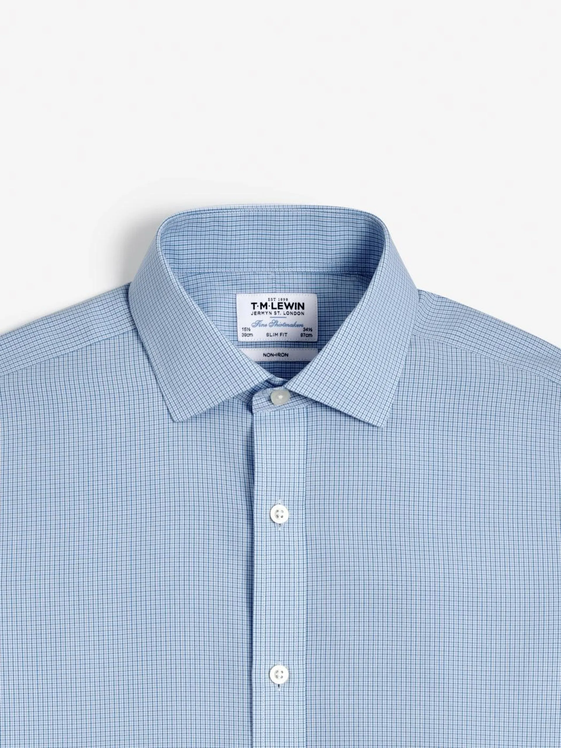Non-Iron Slim Fit Single Cuff Blue Check Poplin Shirt