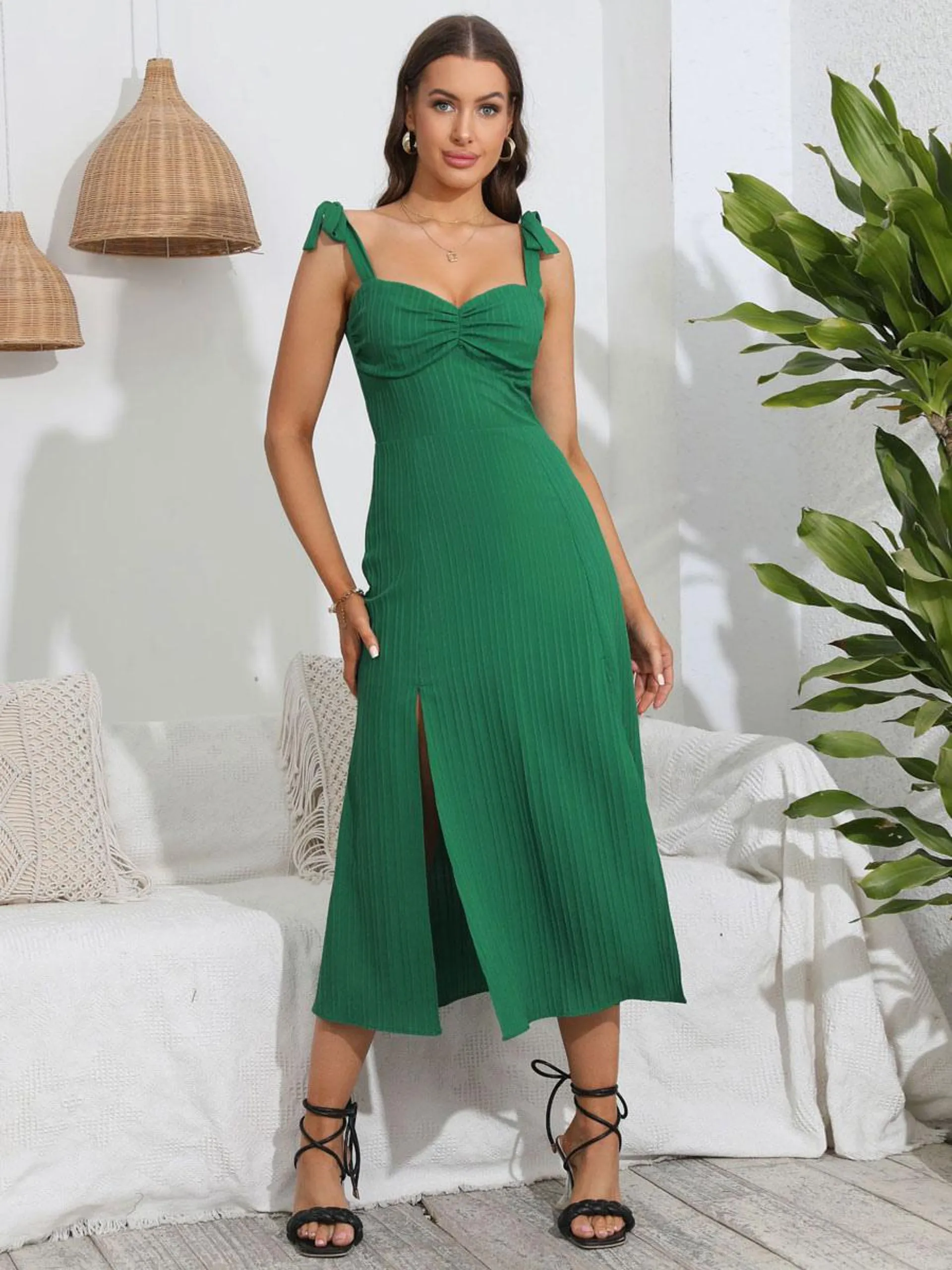Summer Dress Sweetheart Neck Lace Up Backless Green Medium Beach Dress