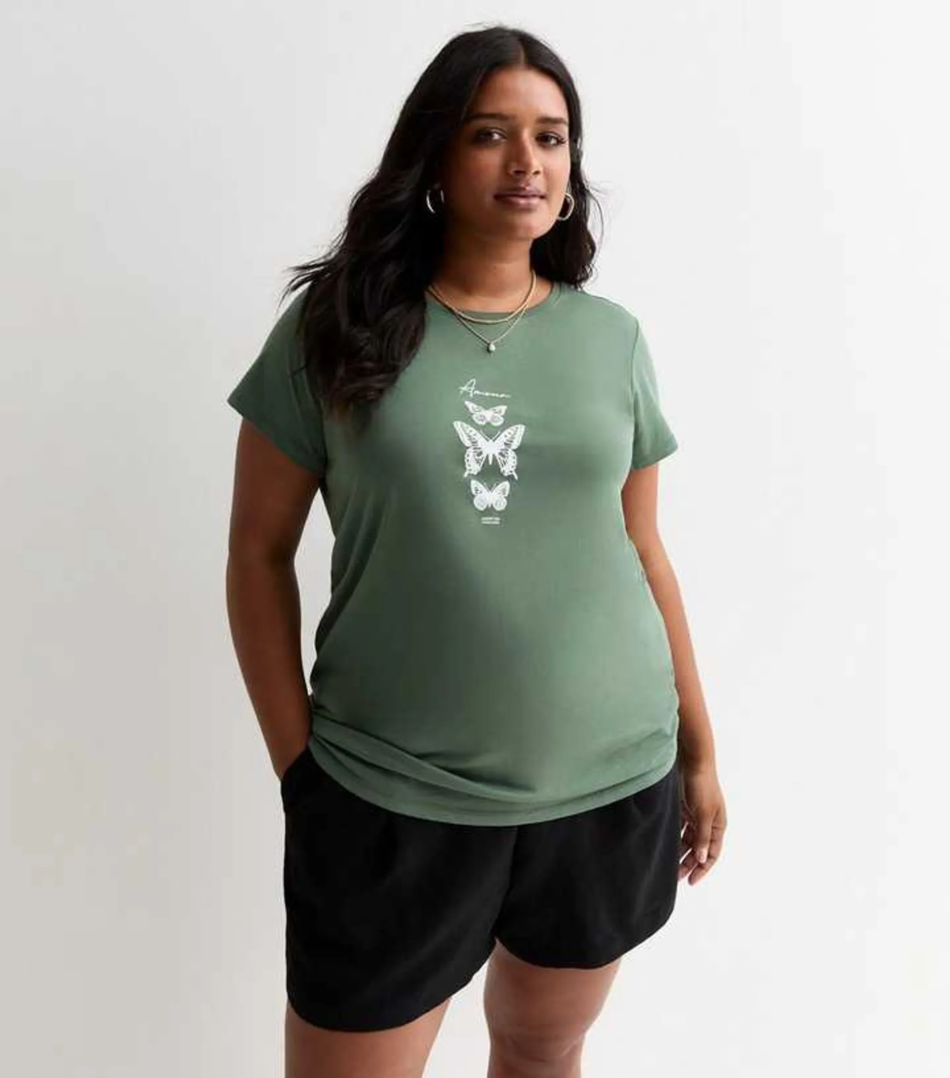 Curves Green Butterfly-Print Cotton T-Shirt