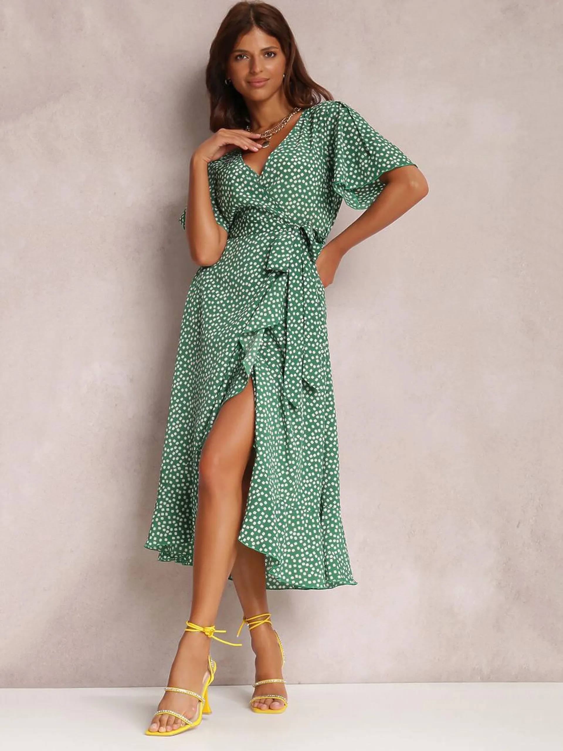 Summer Dress V-Neck Polka Dot Lace Up High-slit Mint Green Medium Beach Dress