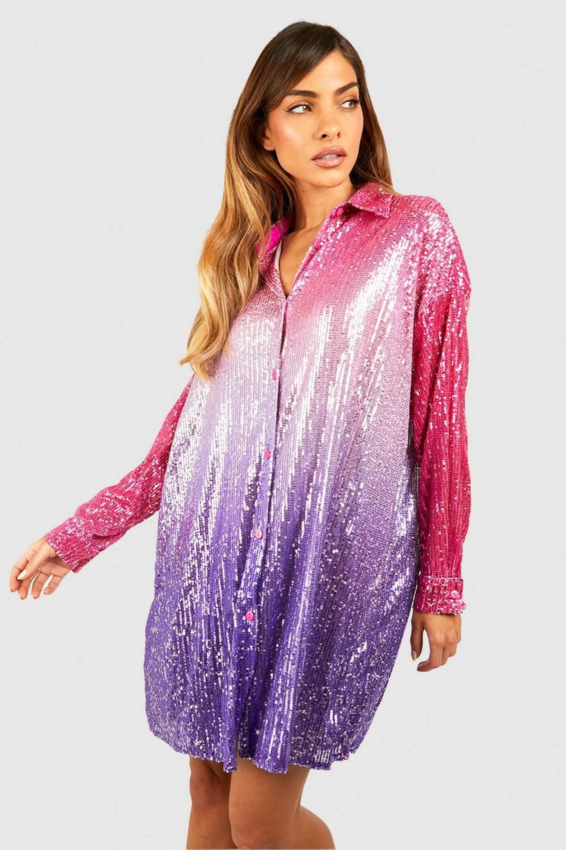 Sequin Ombre Oversized Shirt Party Dress