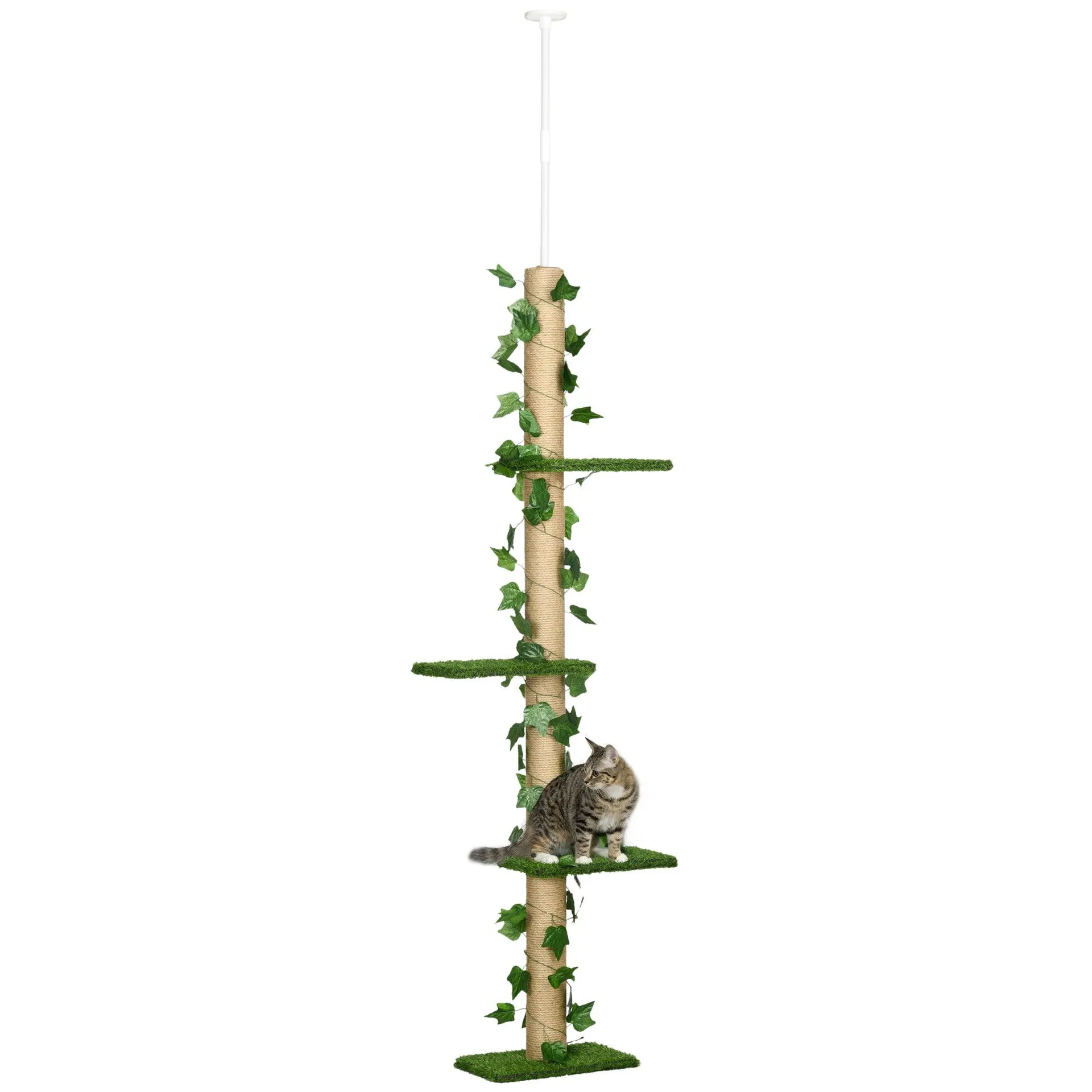 PawHut 242cm Adjustable Floor-To-Ceiling Cat Tower w/ Anti-Slip Kit - Green