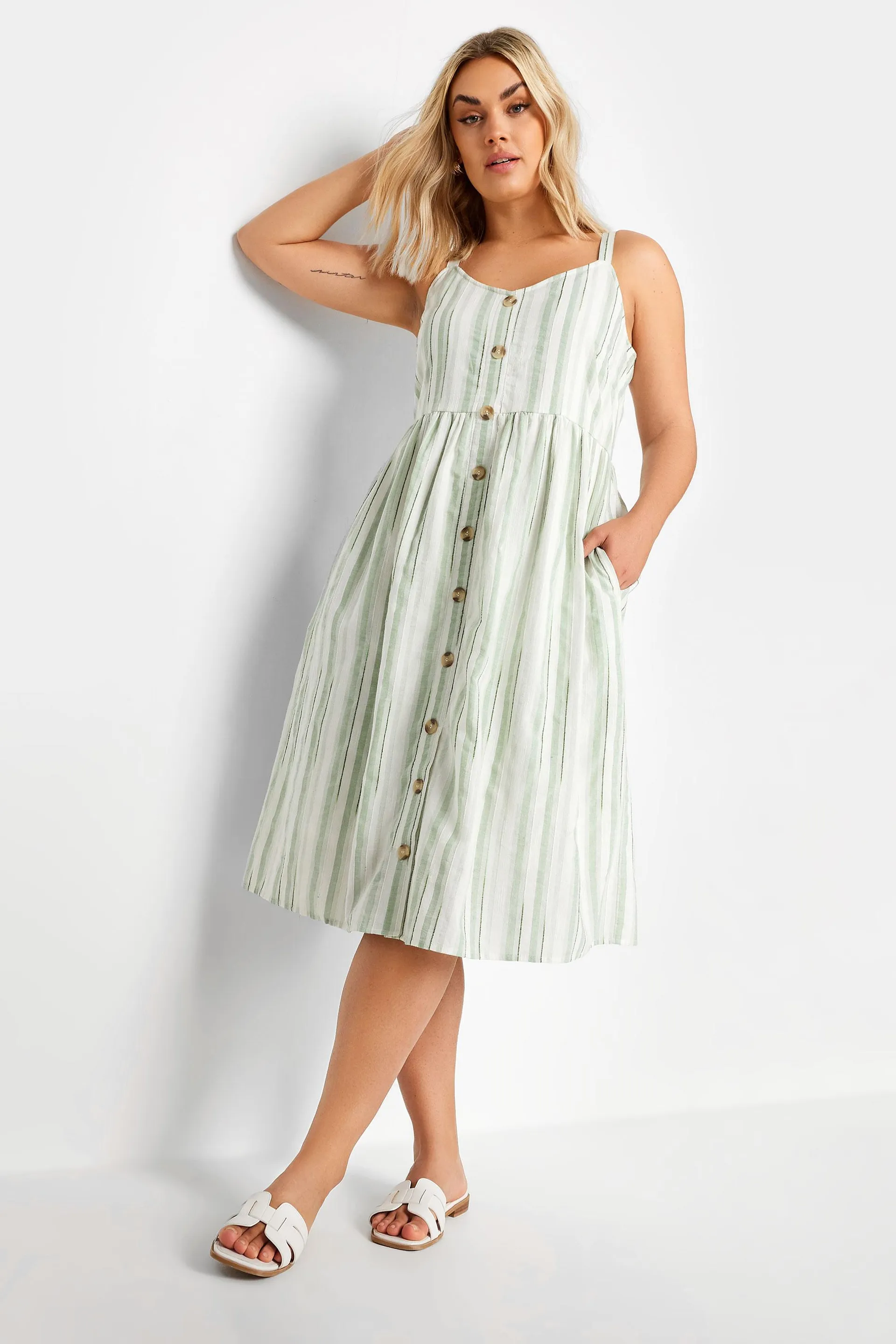 YOURS Curve White & Sage Green Stripe Sundress