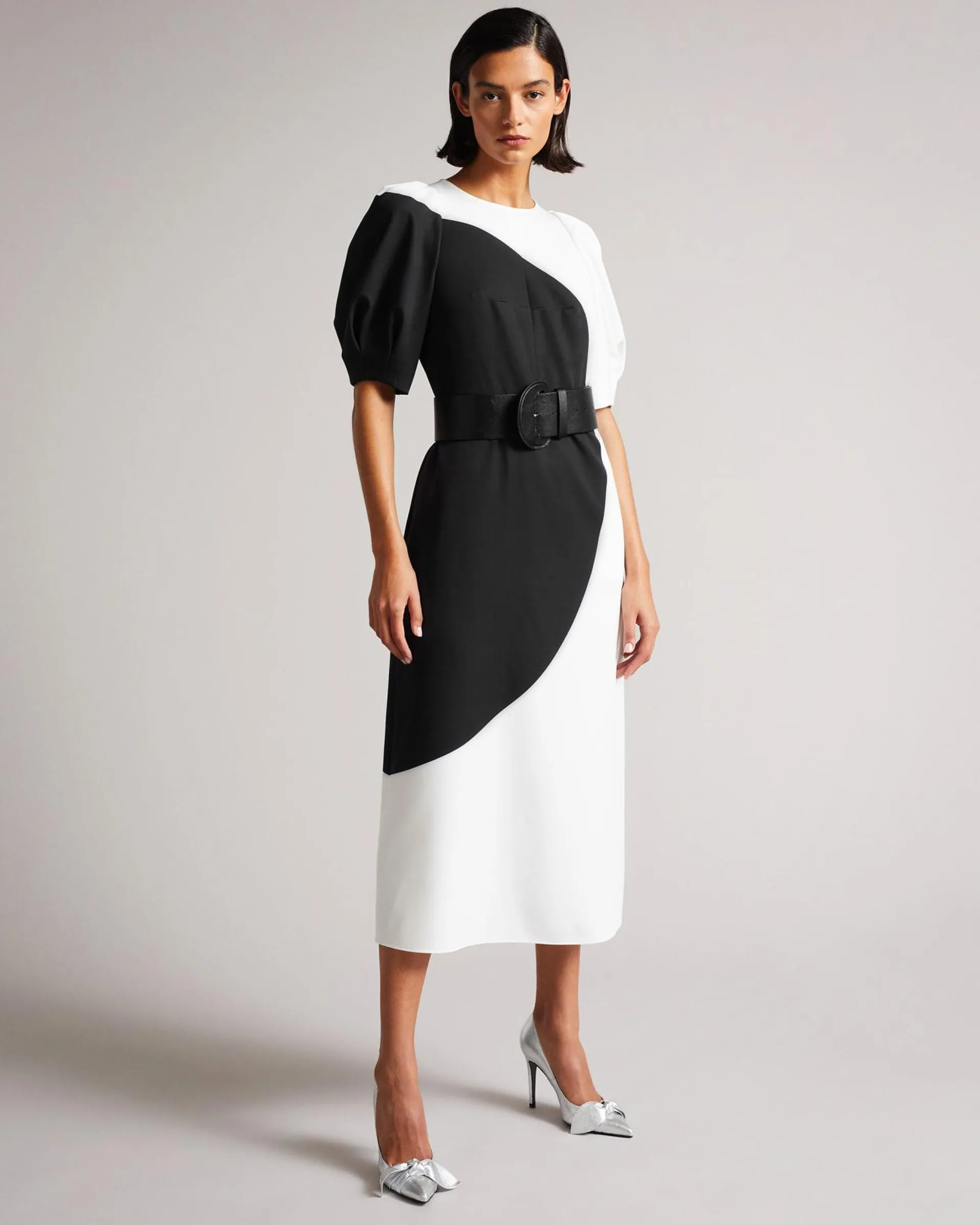 Belted Large Spot Print Midi Dress