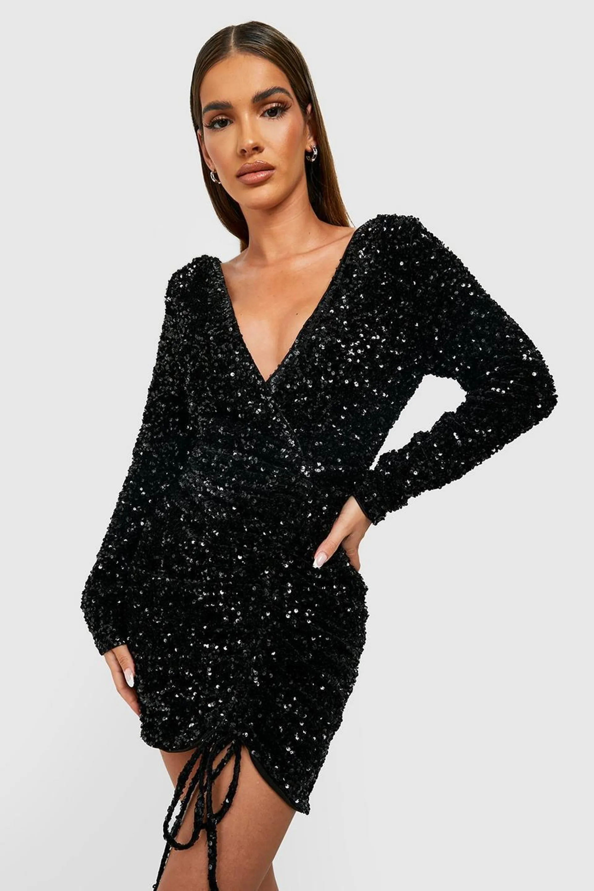 Sequin Ruched Wrap Party Dress