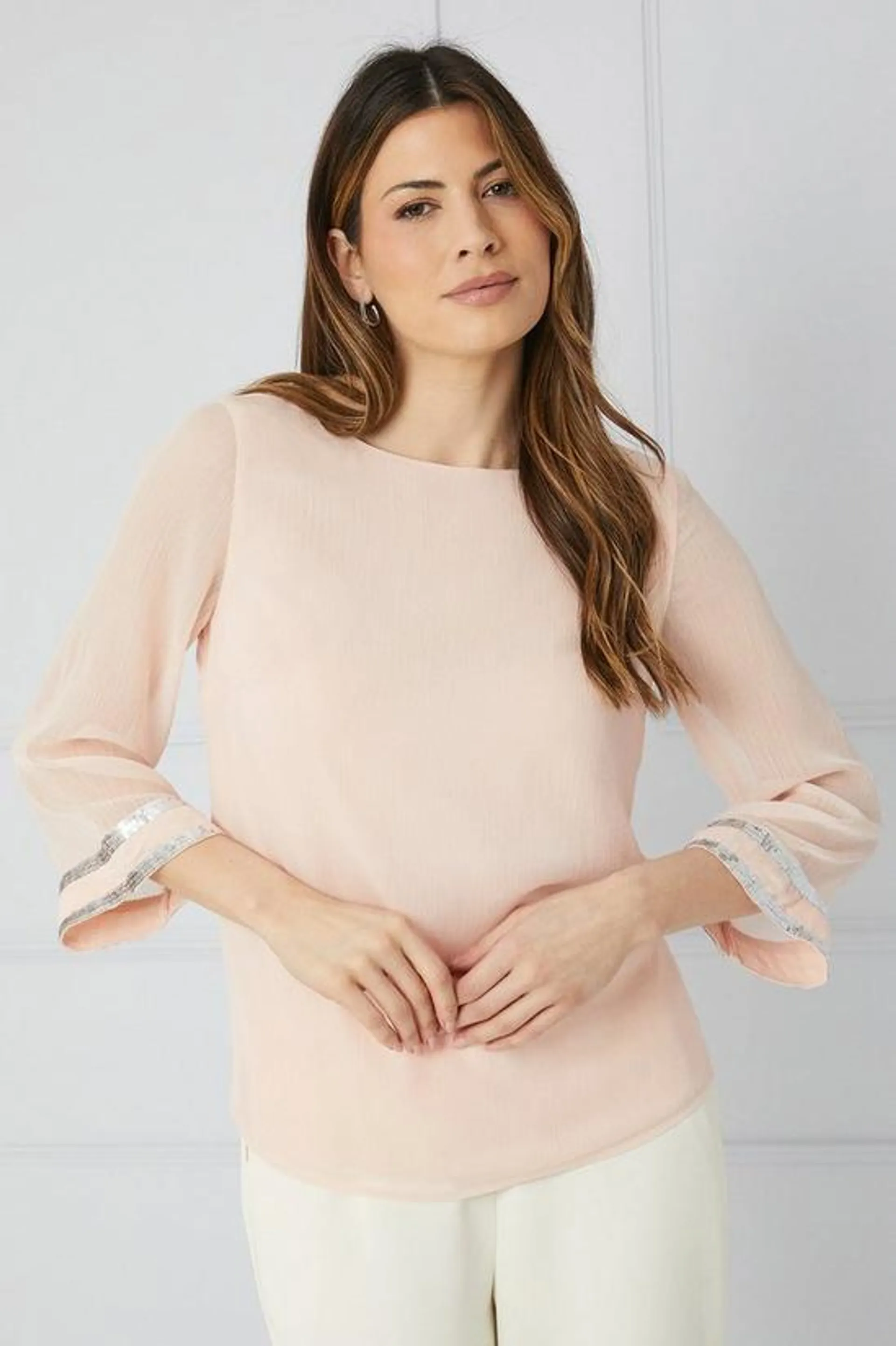 Sequin Trim ¾ Sleeve Overlay Top