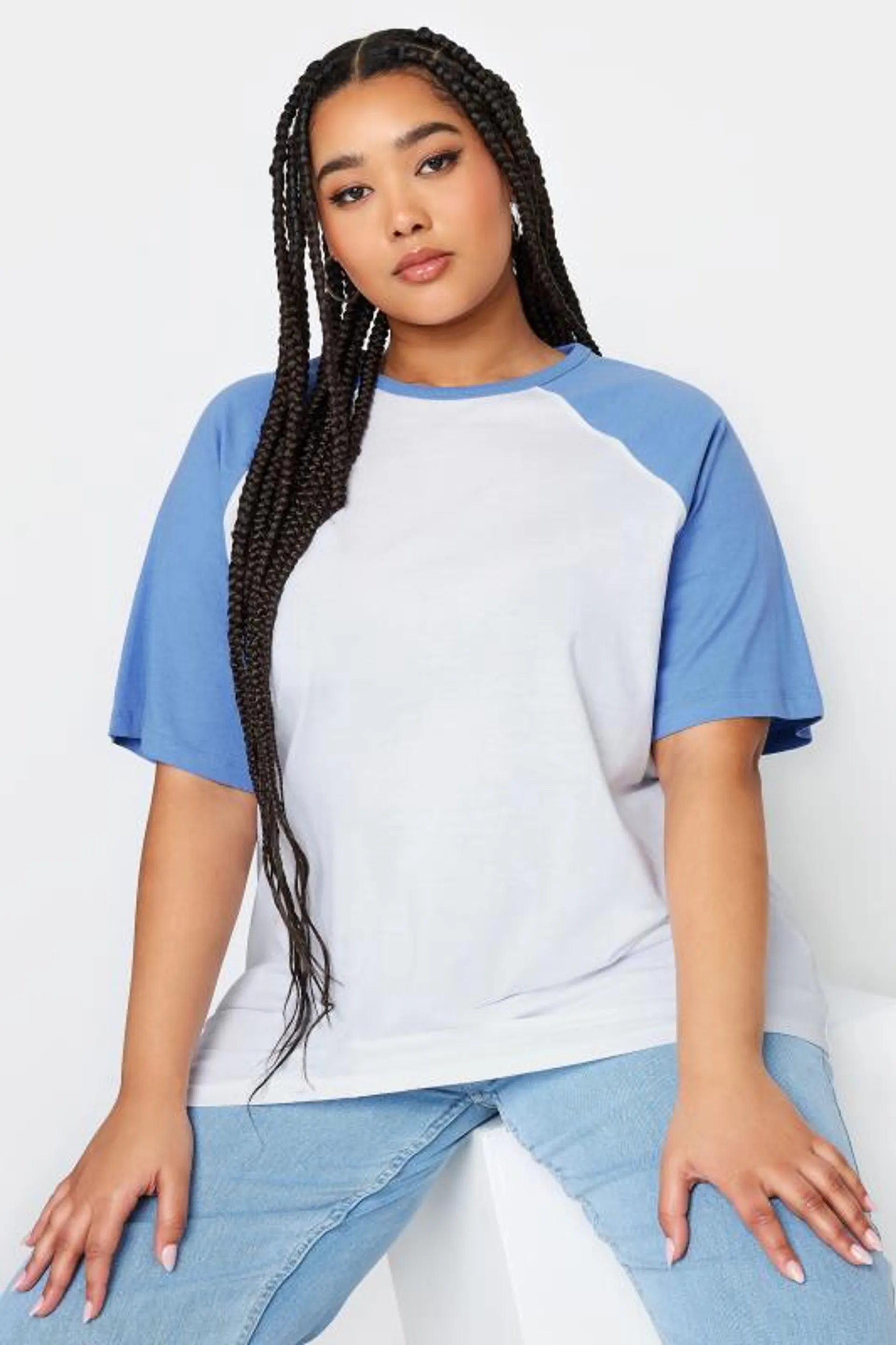 YOURS Curve White & Blue Raglan Sleeve T-Shirt