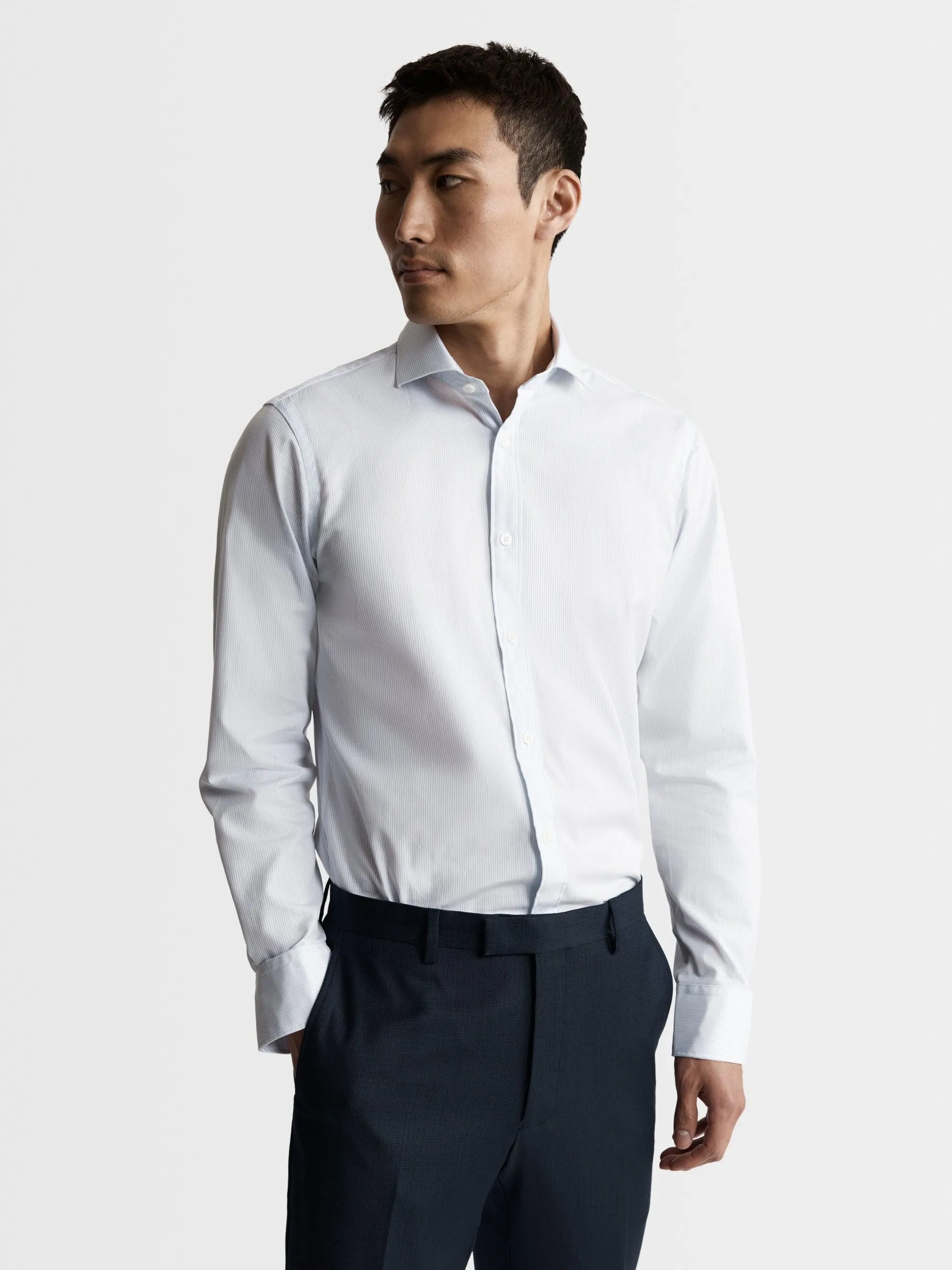 Blue Dash Pinstripe Plain Weave Fitted Single Cuff Cutaway Collar Shirt