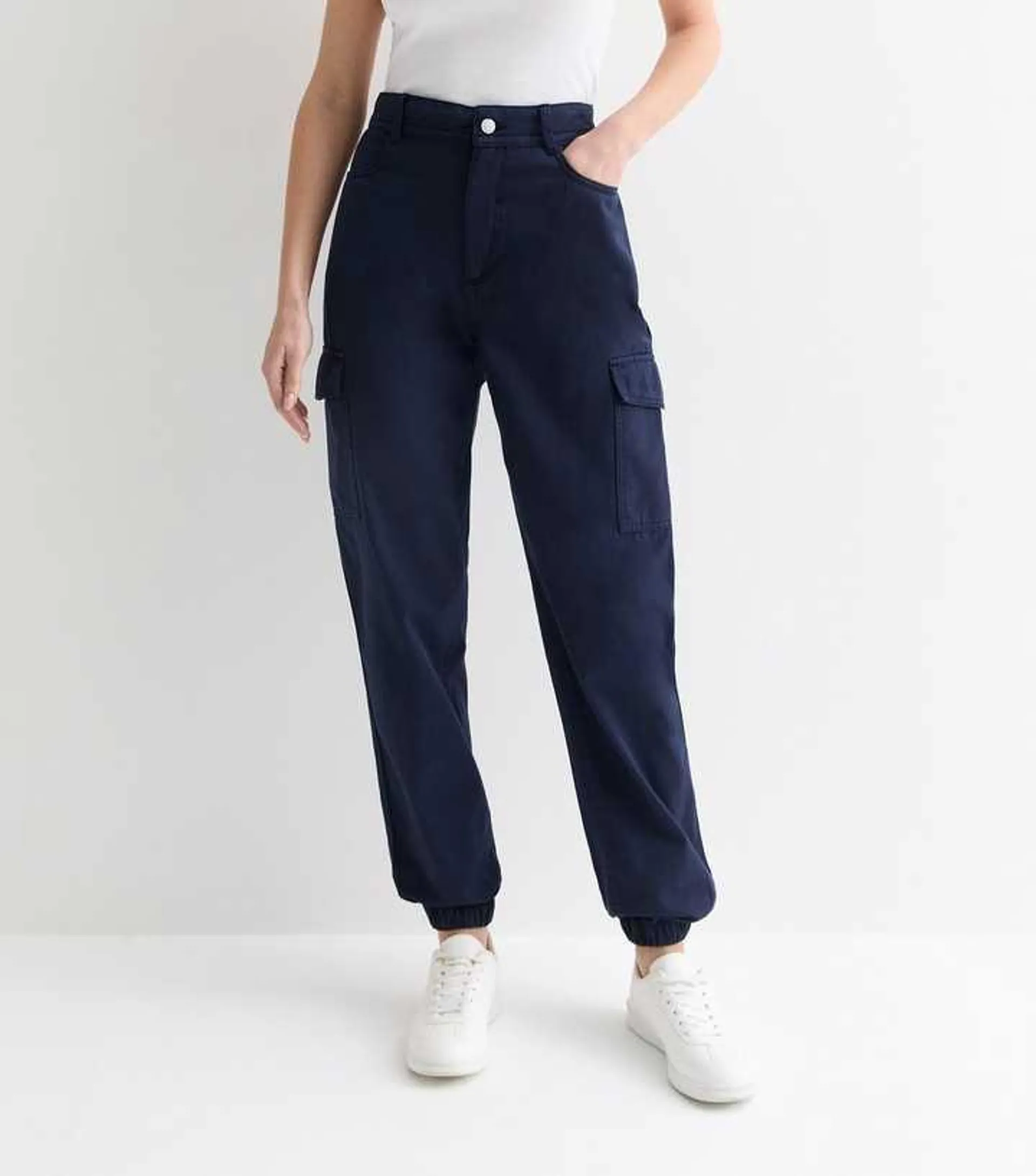 Navy Cotton Cuffed Tapered Cargo Trousers