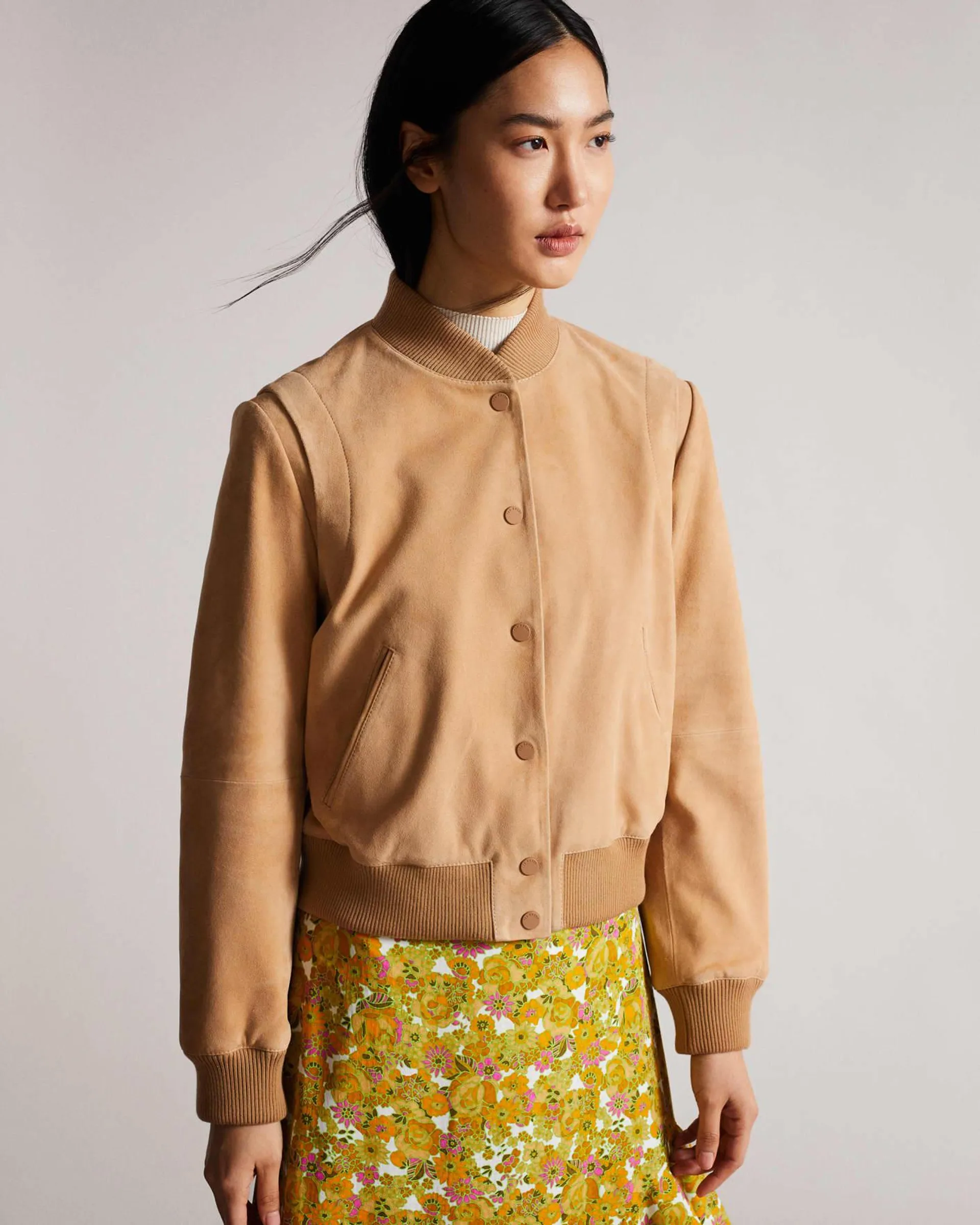 Benia Brown Cropped Suede Bomber Jacket With Deep Rib