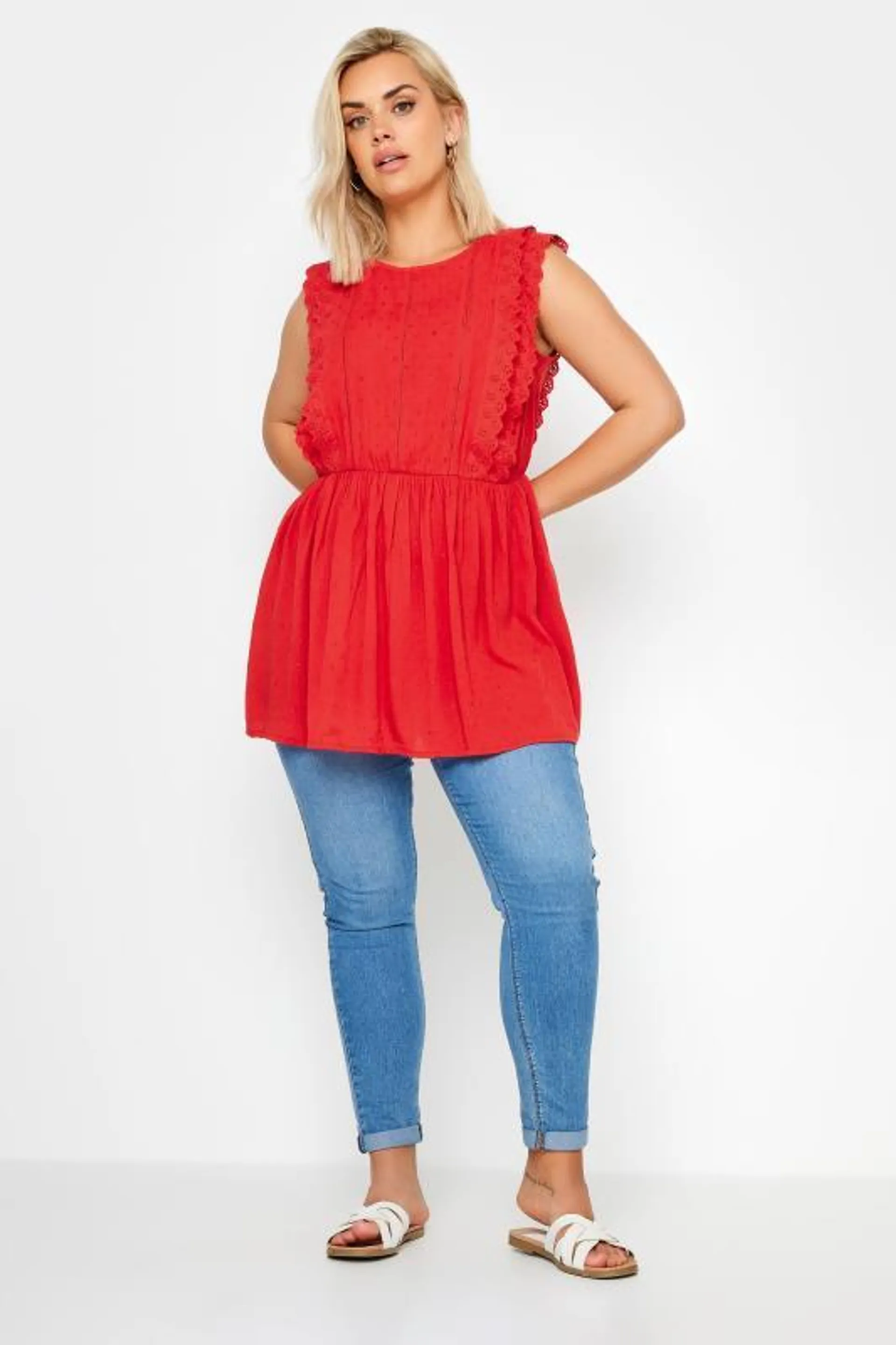 YOURS Curve Red Crinkle Dobby Peplum Top