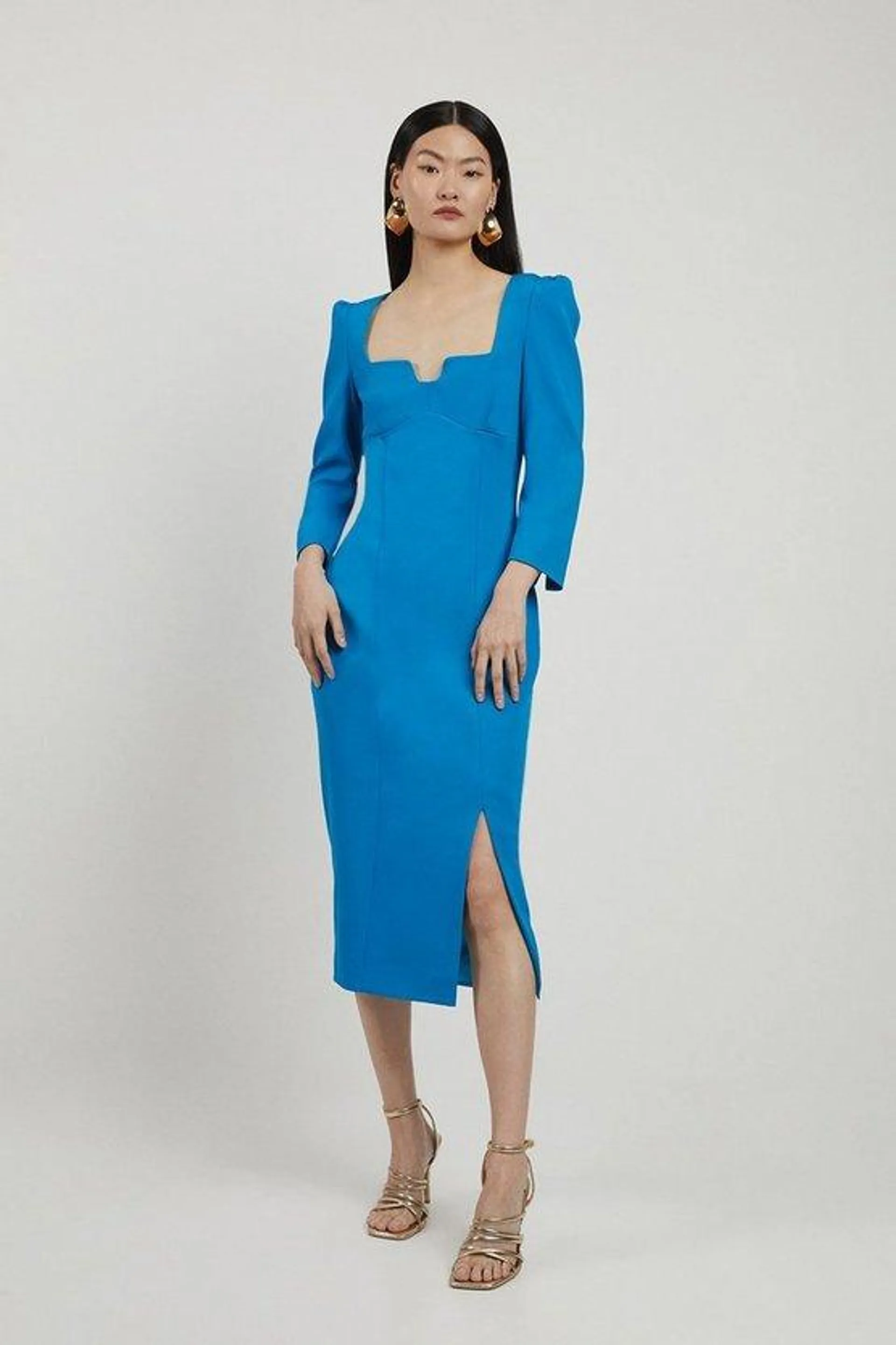 Italian Structured Stretch Sweetheart Neck Split Front Midaxi Dress