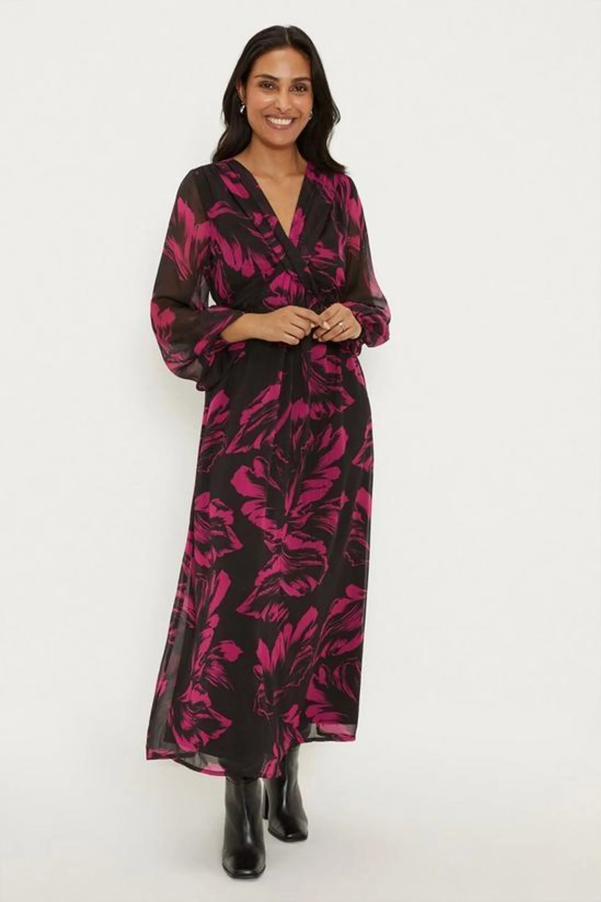 Petite Feather Print Twist Midaxi Dress