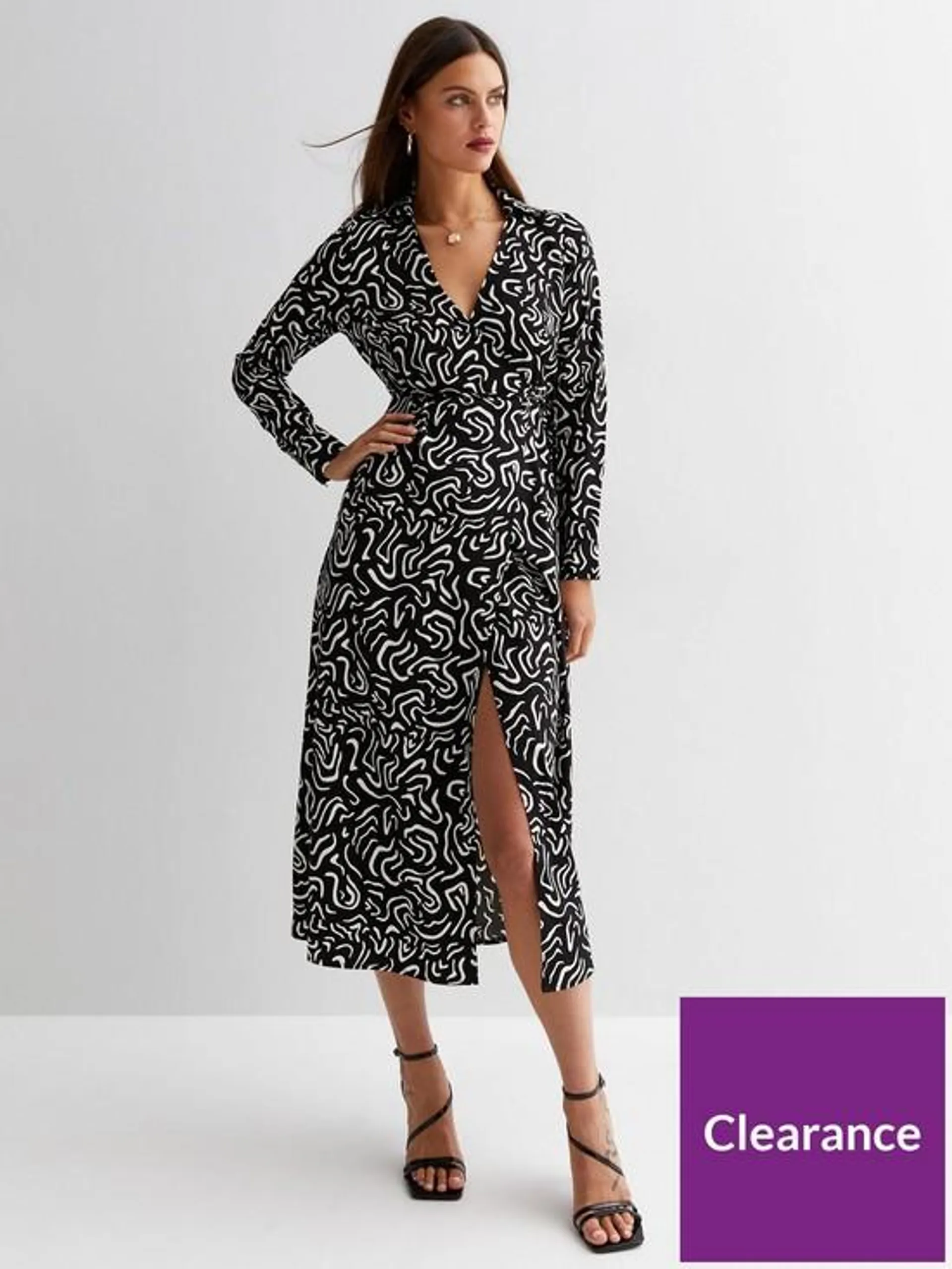 Black Print Long Sleeve Wrap Collar Midi Dress