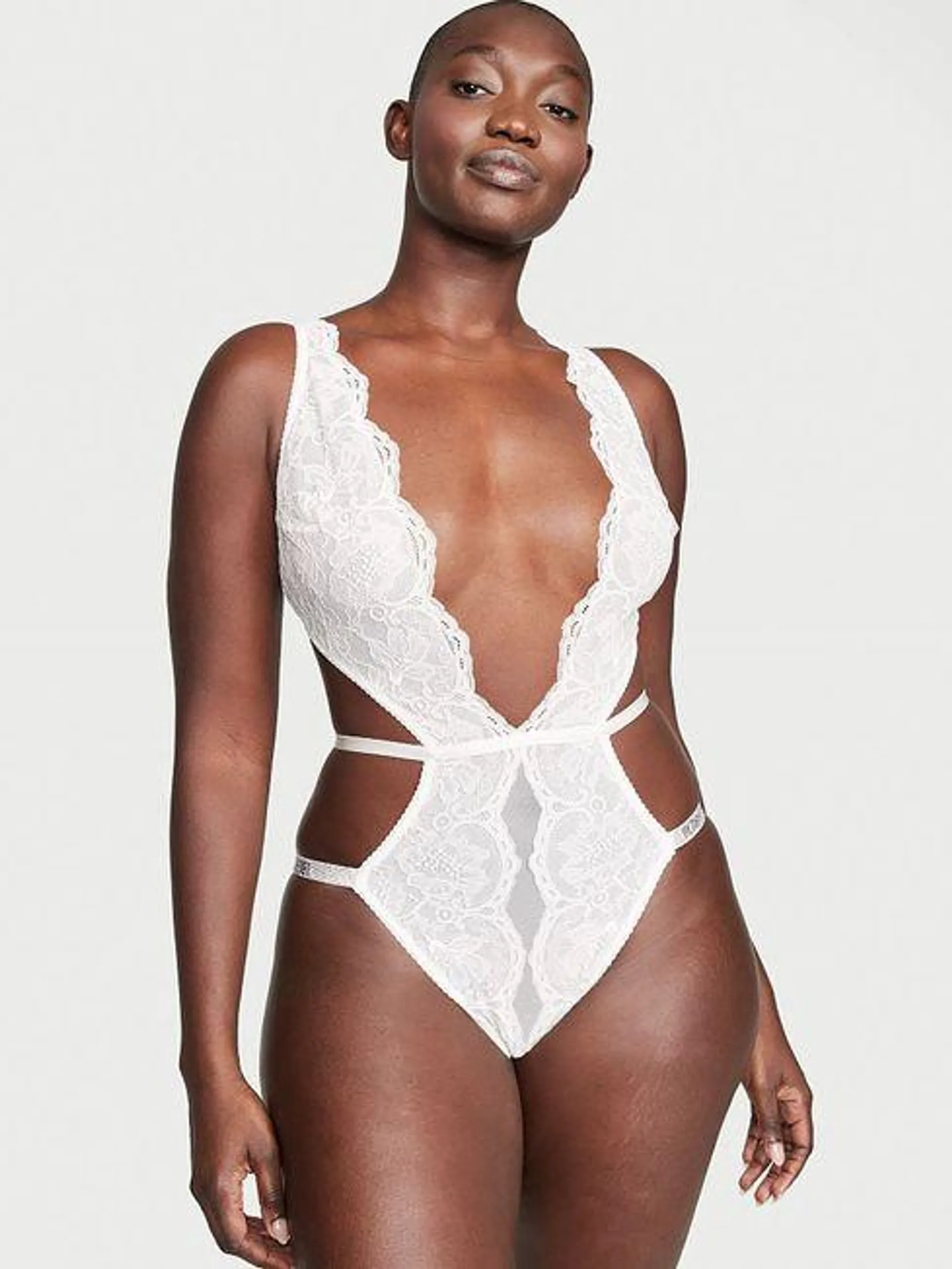 Very Sexy Shine Strap Lace Crotchless Bodysuit