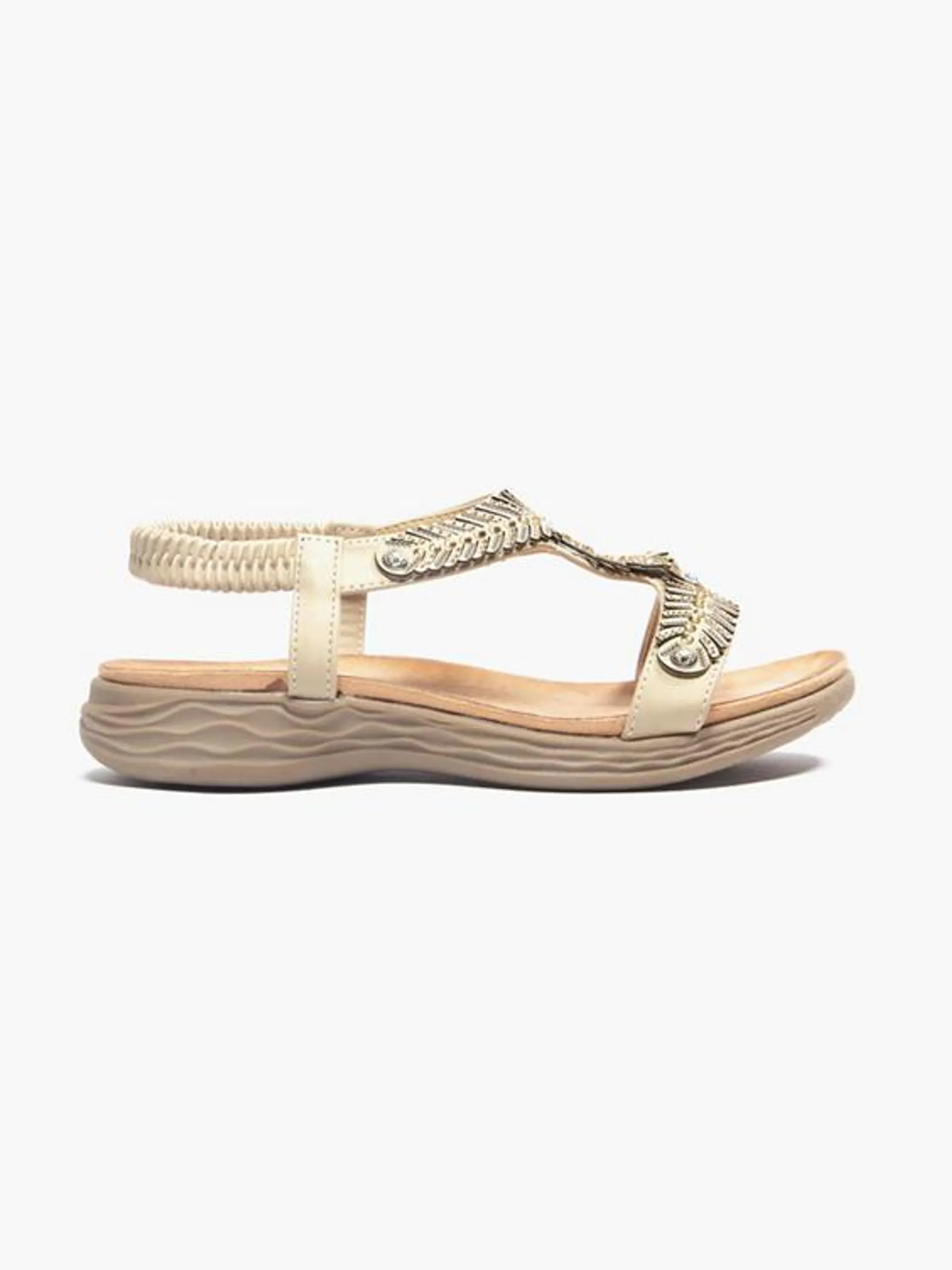 Beige Sandal with Jewel Details and Elasticated Strap