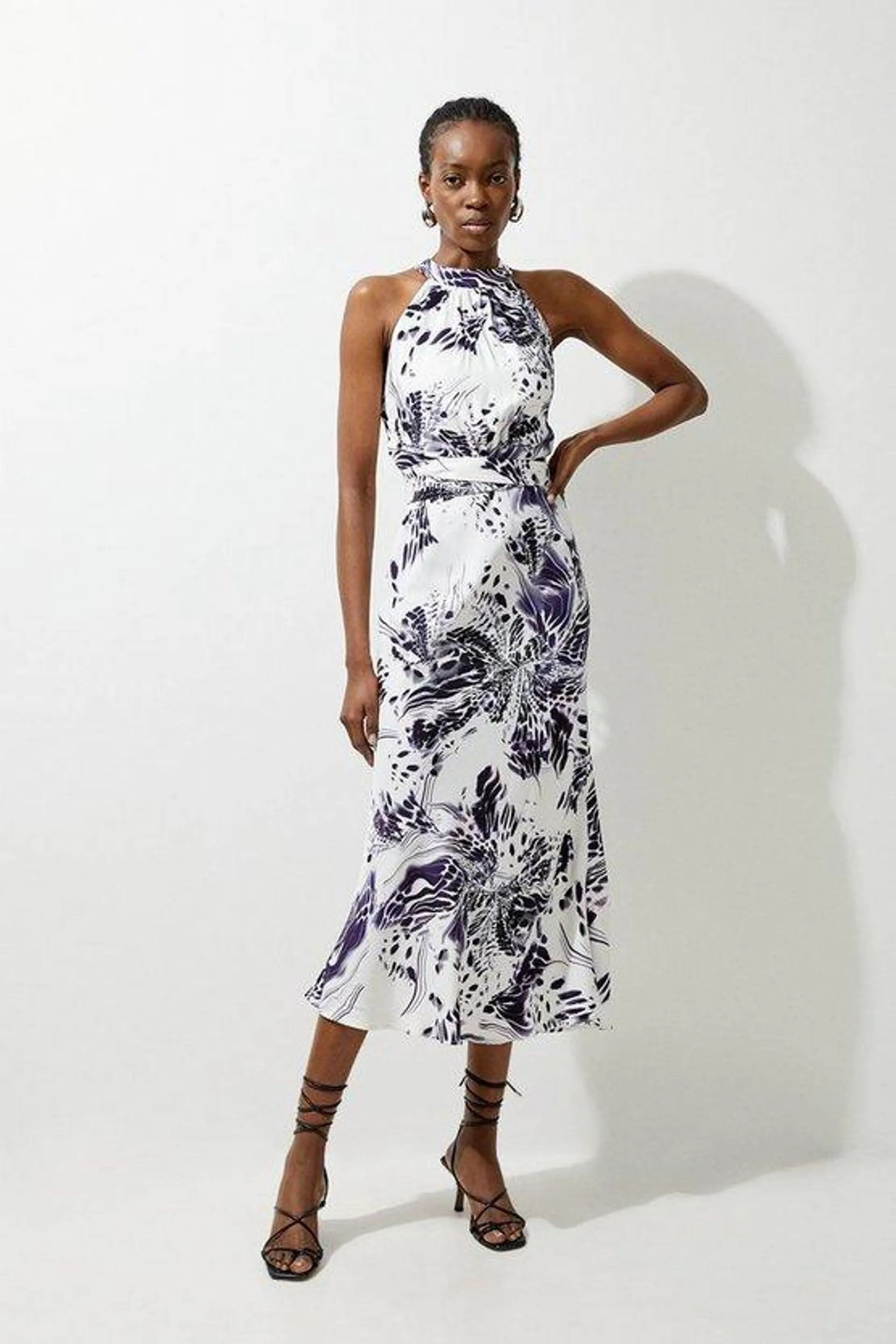 Abstract Floral Satin Woven Halter Midi Dress