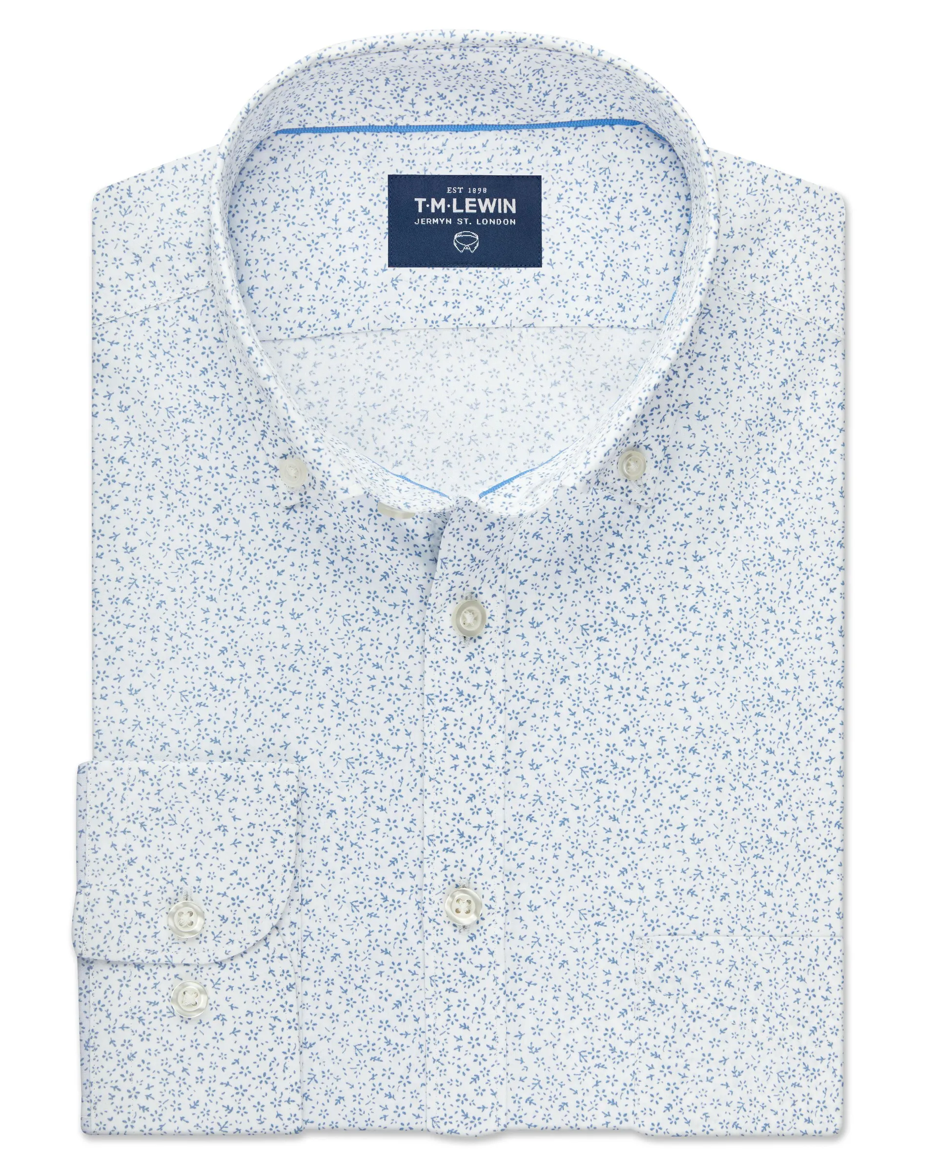 Slim Fit White and Blue Ditsy Floral Print Shirt